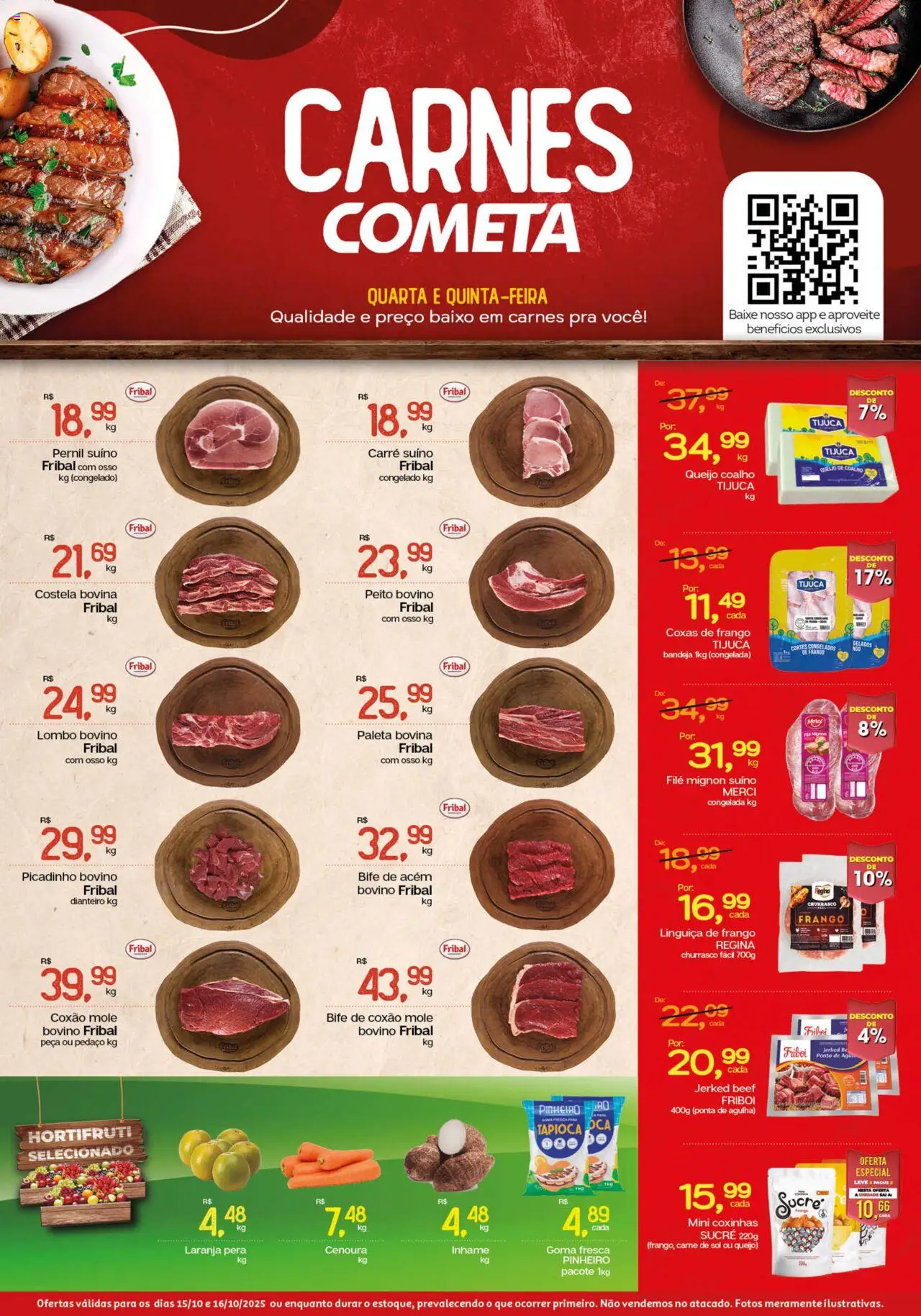 Cometa Supermercados folheto "Ofertas Carnes" válido a partir de 15/10/2025 - número de página 1 - Queijo, Carne, Queijo coalho, Linguiça, Filé mignon, Acém, Filé mignon suíno, Coxão mole