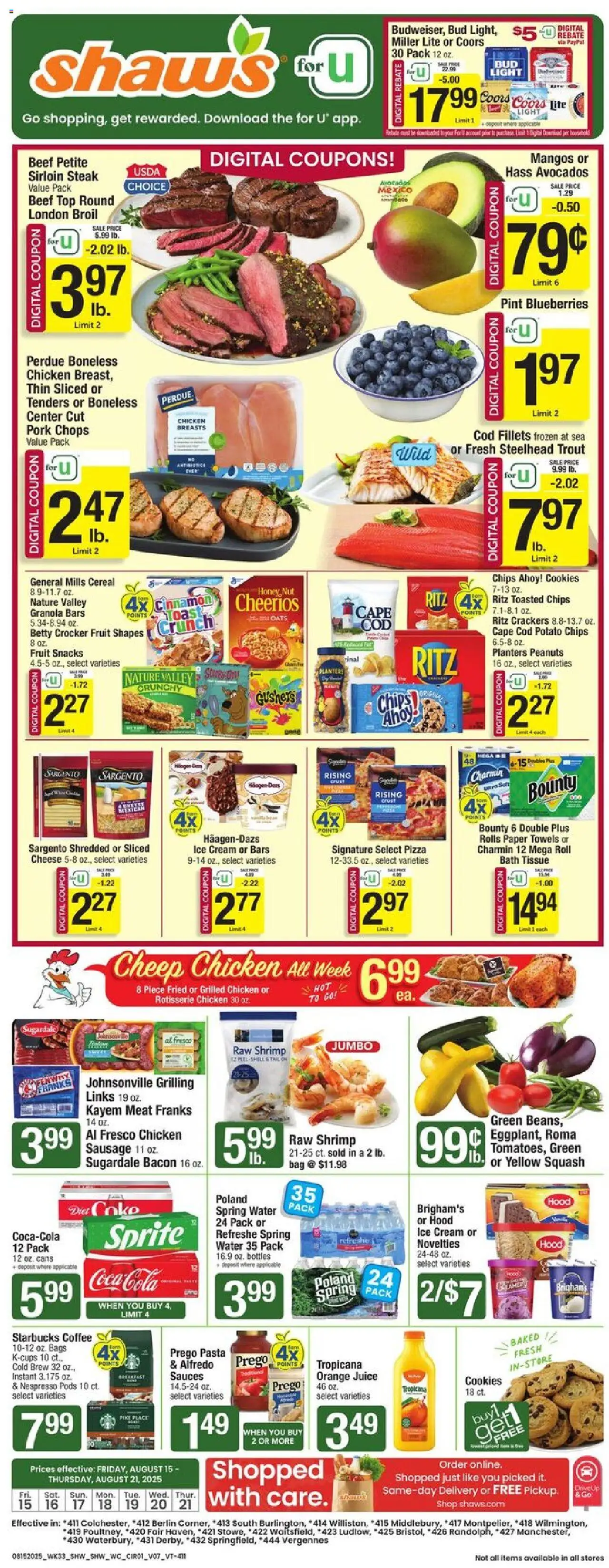 Shaw's Weekly Ad - VT from 08/15/2025 - Flyer - Page number 1 - Pizza, Coffee, Cookies, Steak, Juice, Peanuts, Orange juice, Paper towels
