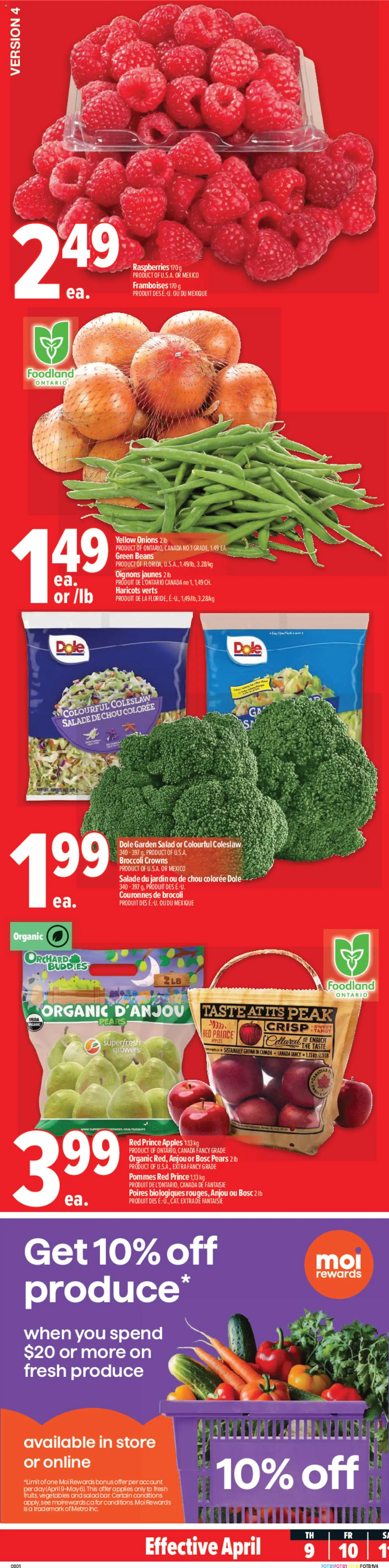 Preview of leaflet Metro weekly flyer - Trois-Pistoles from shop Metro is valid from Apr 09, 2026 - Apples, Salad, Broccoli, Vegetables, Raspberries, Beans, Pears