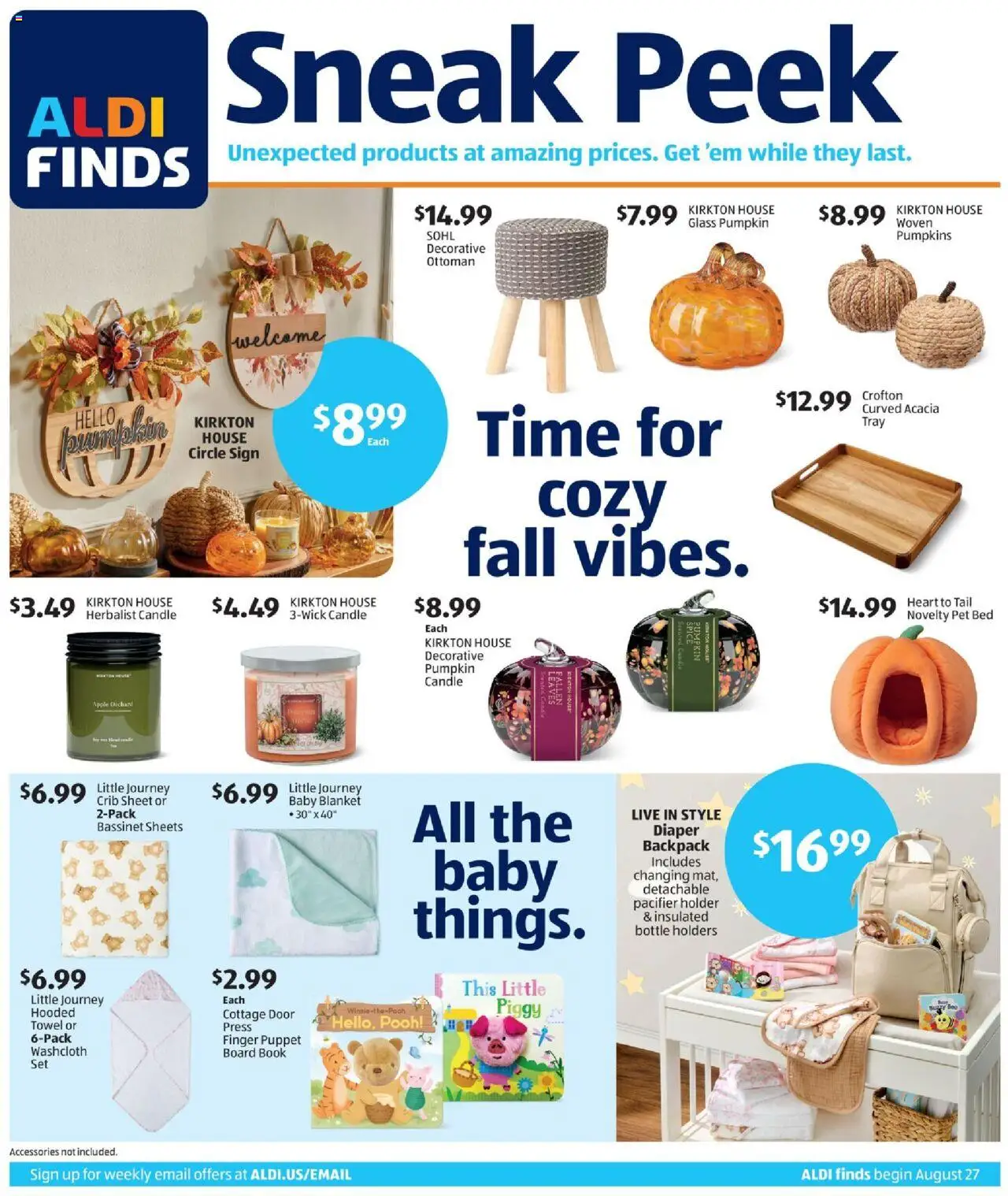 Aldi Weekly Ad from 08/27/2025 - Flyer, Sales ad - Page number 1 - Sheet, Backpack, Pumpkin, Blanket, Ottoman, Press, Pacifier, Pet Bed
