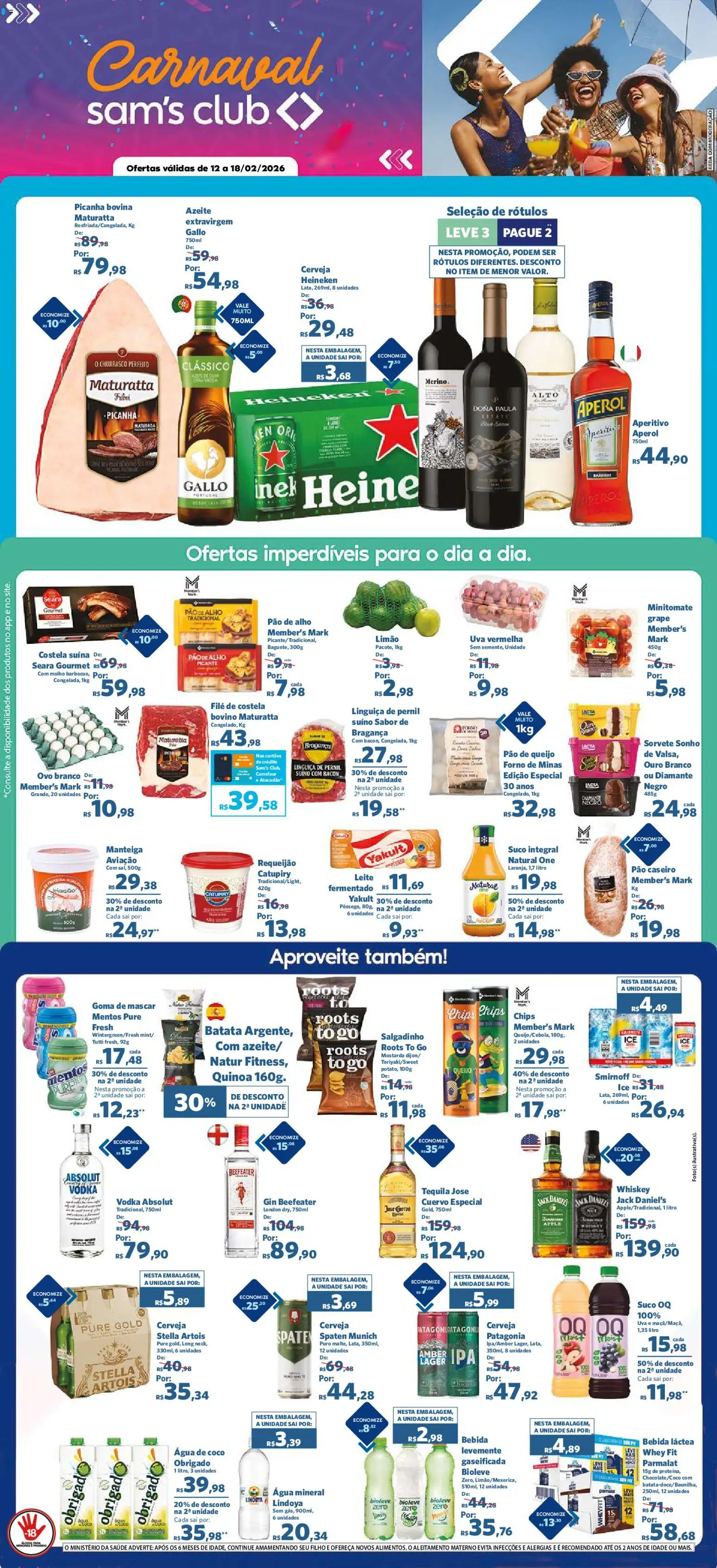 Pré-Visualização do folheto "Ofertas Semanal" da loja Sam's Club válido a partir de 12/02/2026 - Sorvete, Heineken, Água, Picanha, Quinoa, Queijo, Tequila, Requeijão