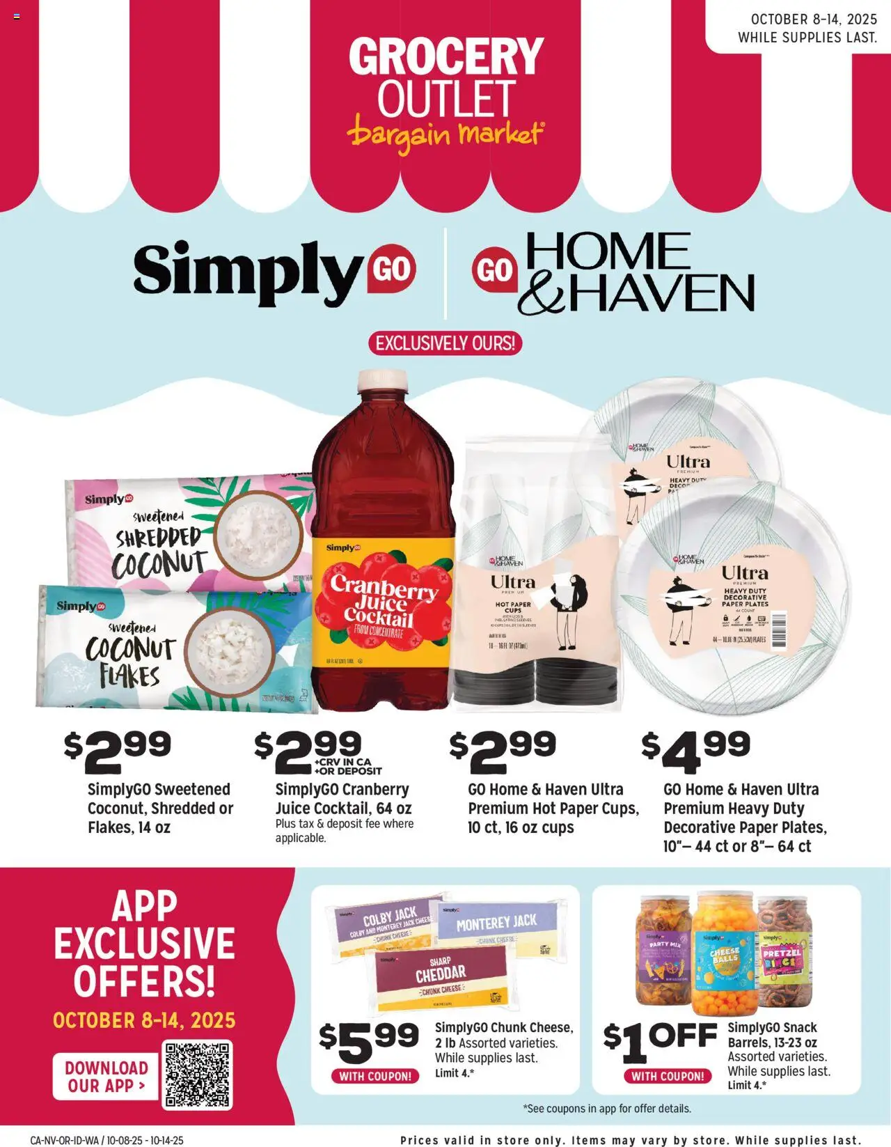 Ad Preview of Grocery Outlet Weekly - Ops Standalone from 10/08/2025 - Cheese, Juice, Coconut, Paper plates, Flakes