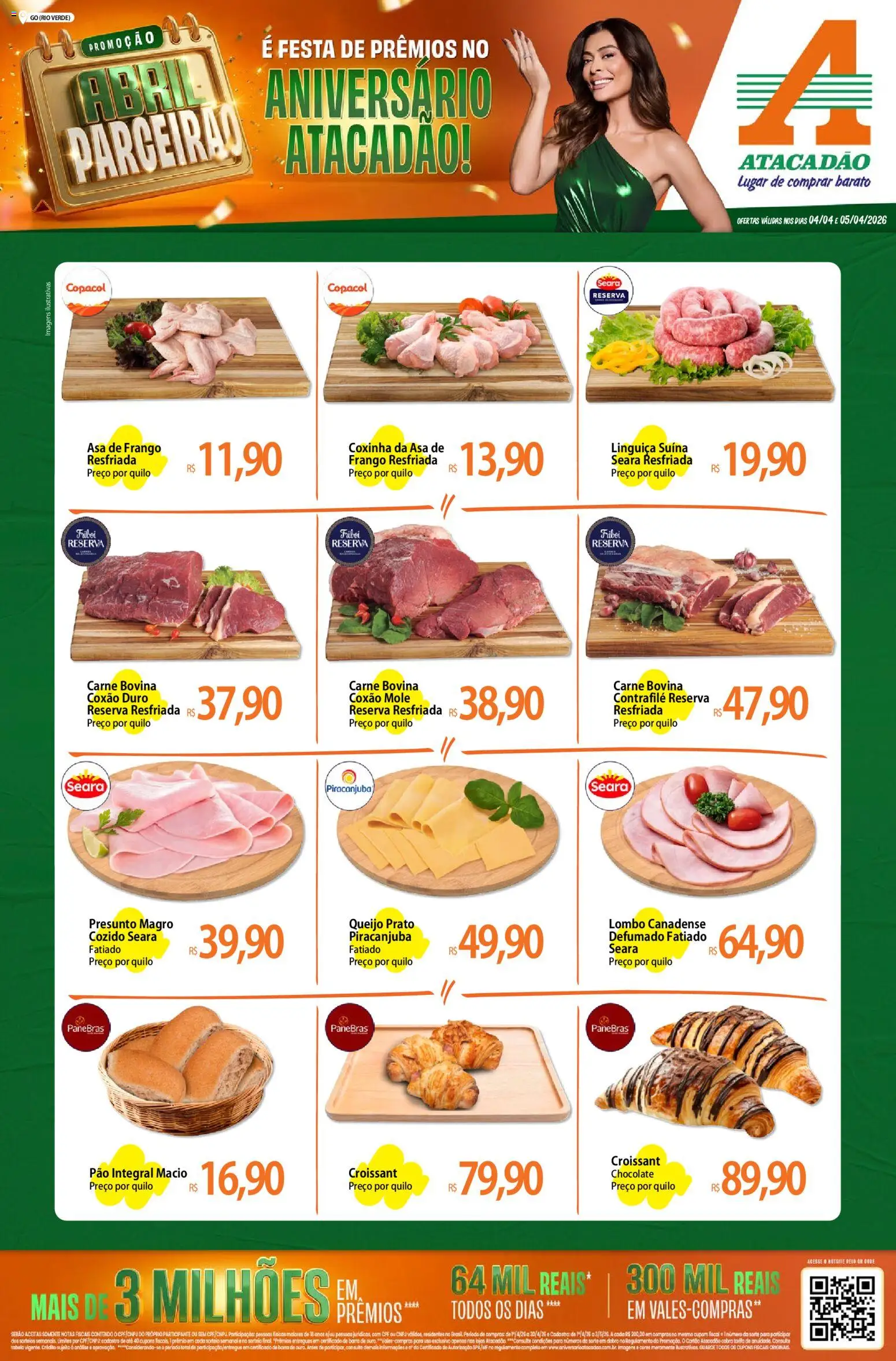 Pré-Visualização do folheto "Atacadão ofertas - GO" da loja Atacadão válido a partir de 04/04/2026 - Pão, Croissant, Frango, Linguiça, Presunto, Carne bovina, Coxão duro, Coxão mole
