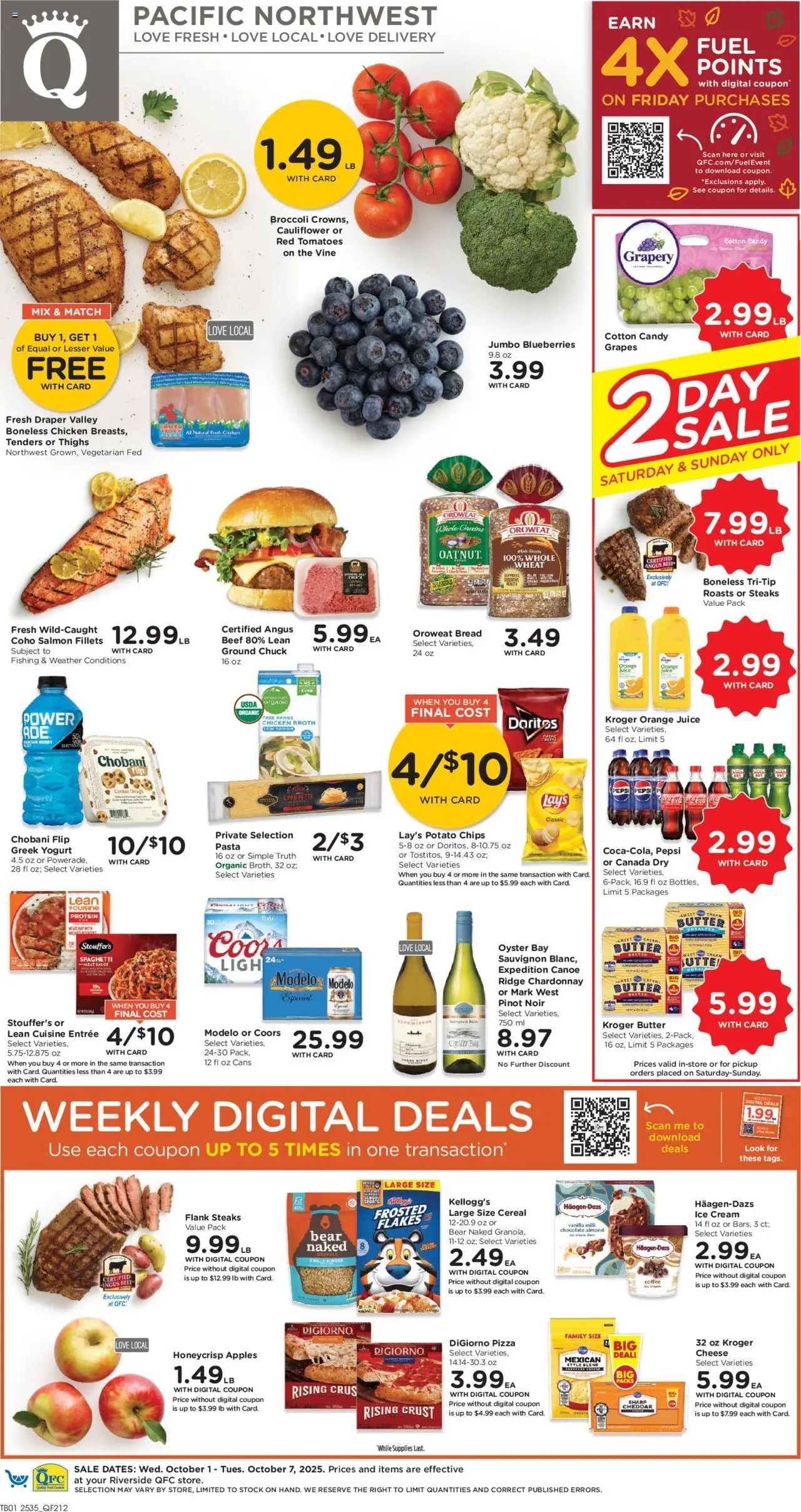 QFC Weekly Ad - WA from 10/01/2025 - Flyer - Page number 1 - Ice cream, Ice, Candy, Chips, Milk, Cauliflower, Vanilla, Dough