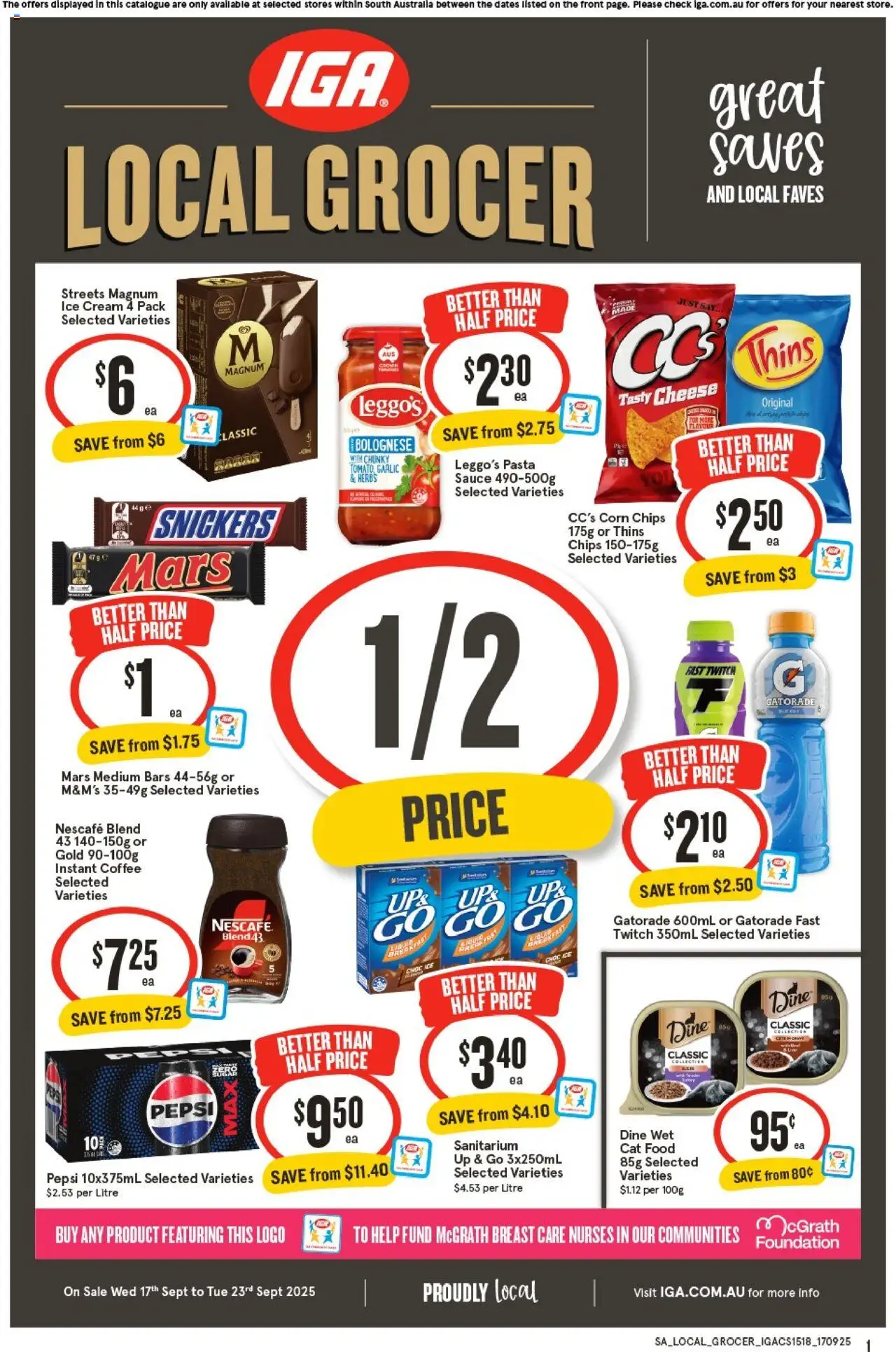 IGA catalogue valid from 17/09/2025 - page 1 - Cheese, Chips, Ice cream, Ice, Foundation, Up & go, Instant coffee, Magnum ice cream