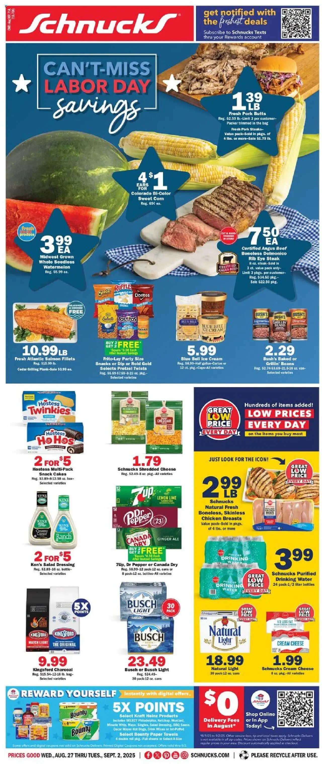Schnucks Ad from 08/27/2025 - Flyer - Page number 1 - Water, Box, Salad, Snacks, Dressing, Pepper, Charcoal, Paper towels