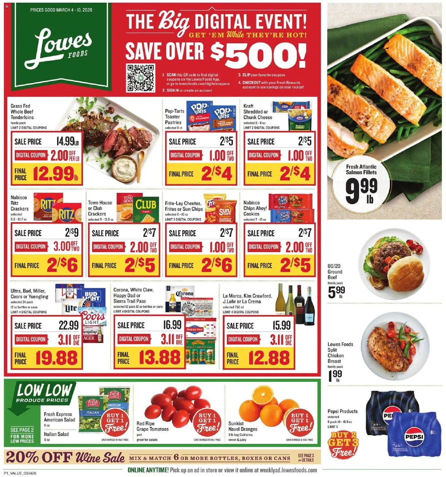 Ad Preview of Lowes Foods Lowes Foods Weekly Ad - NC from 03/04/2026 - Cookies, Oranges, Salmon, Pastries, Sugar, Beef, Ground beef, Bag