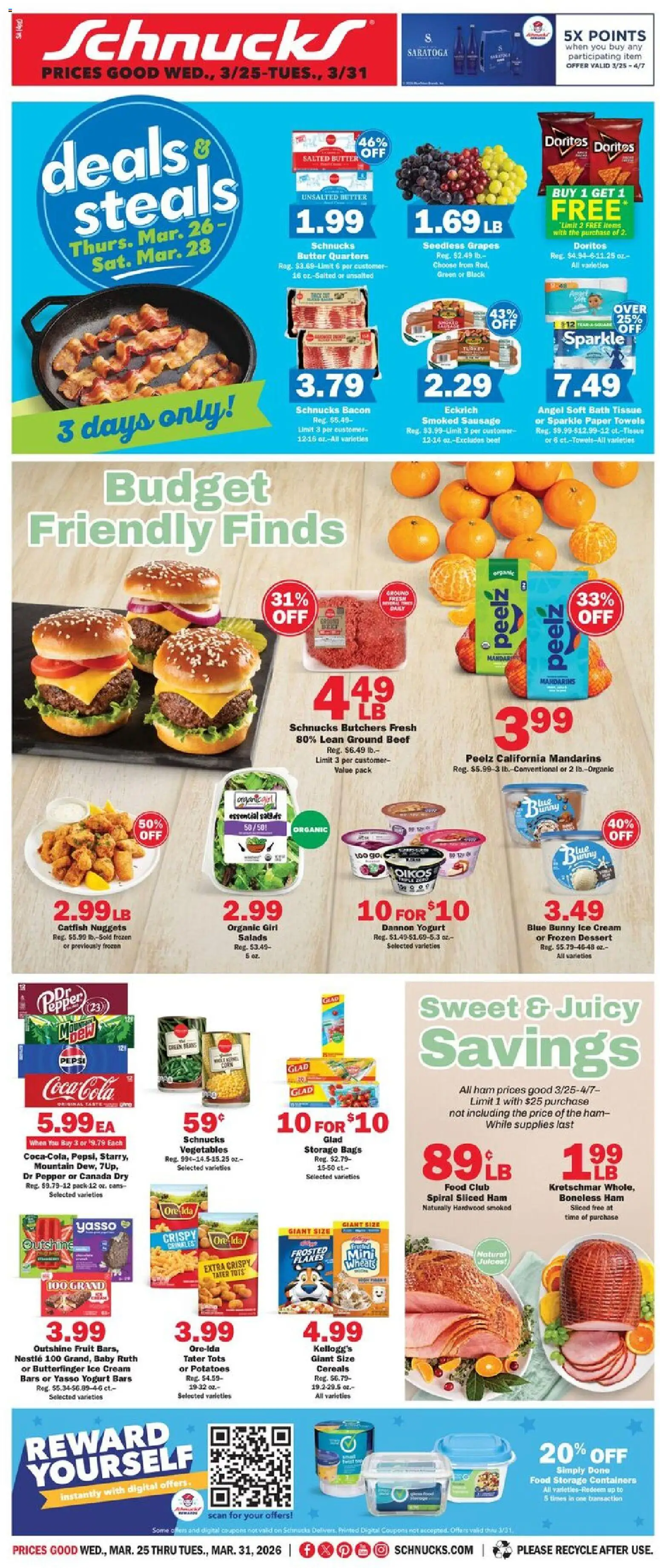 Ad Preview of Schnucks Schnucks Weekly Ad from 03/25/2026 - Dessert, Ice, Cereals, Bacon, Beef, Cream, Flakes, Seedless grapes