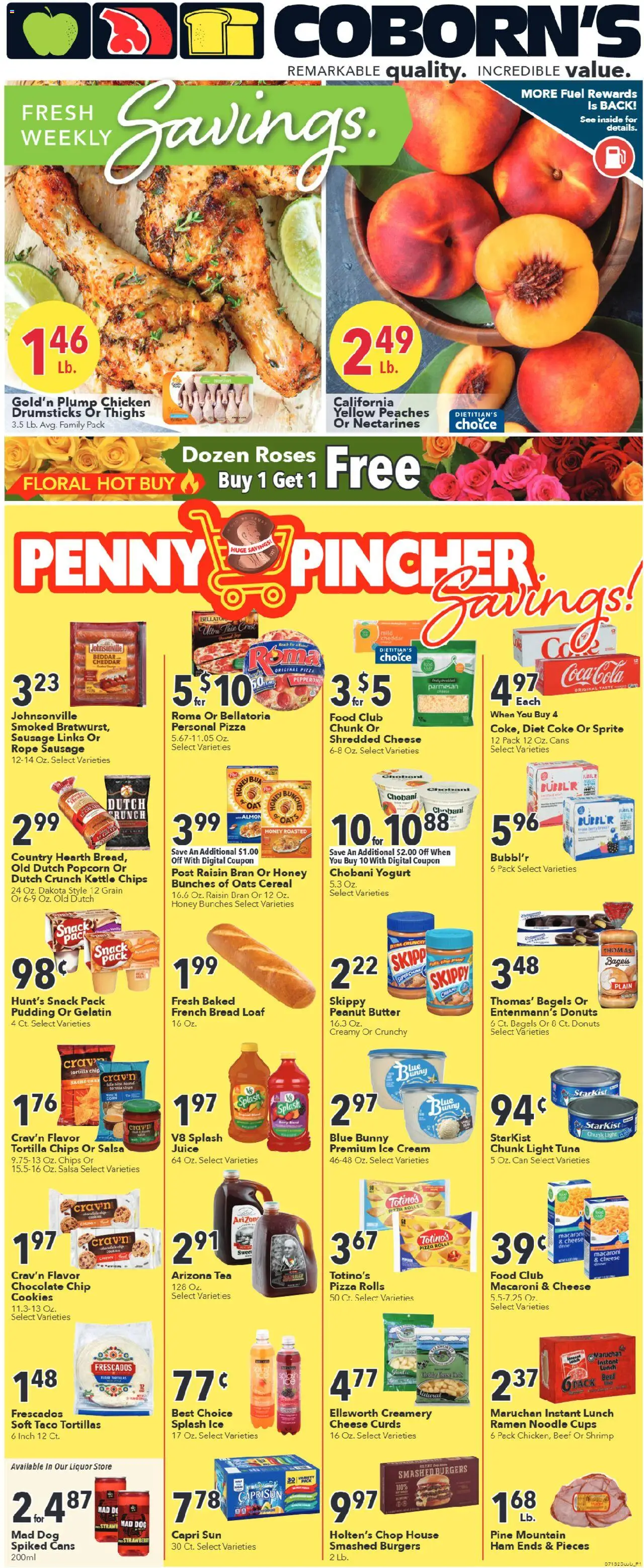 Coborn's Weekly Ad from 07/13/2025 - Flyer - Page number 1 - Shrimp, Chicken, Cheese, Ham, Pizza, Tortilla chips, Tortillas, Sprite