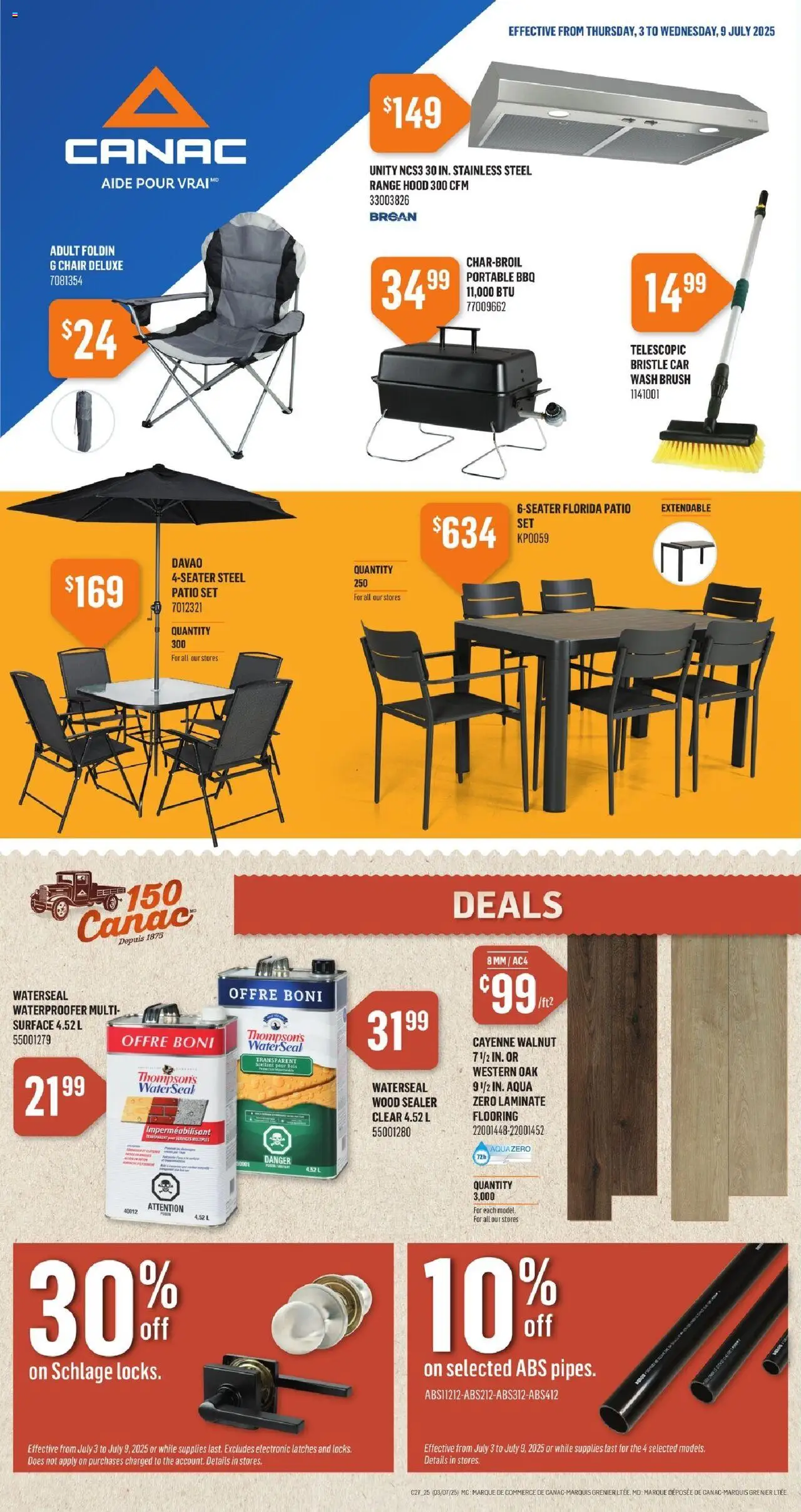 Canac flyer valid from Jul 03, 2025 - page number 1 - Range hood, Brush, Chair