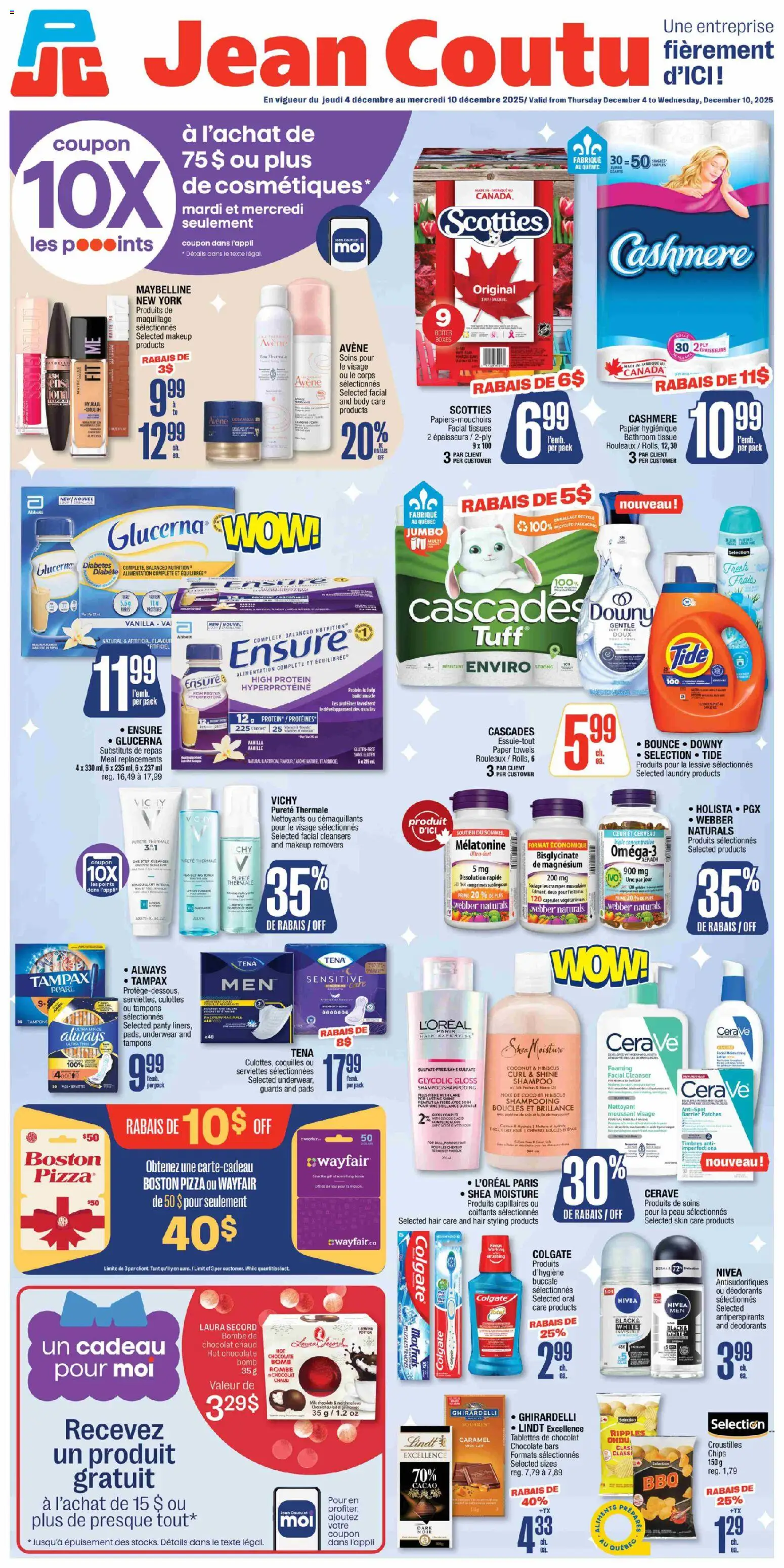 Preview of leaflet Circulaire from shop Jean Coutu is valid from Dec 04, 2025 - Pizza, Chocolate, Protein, Tampons, Shampoo, Hair styling, Paper towels, Panty liners