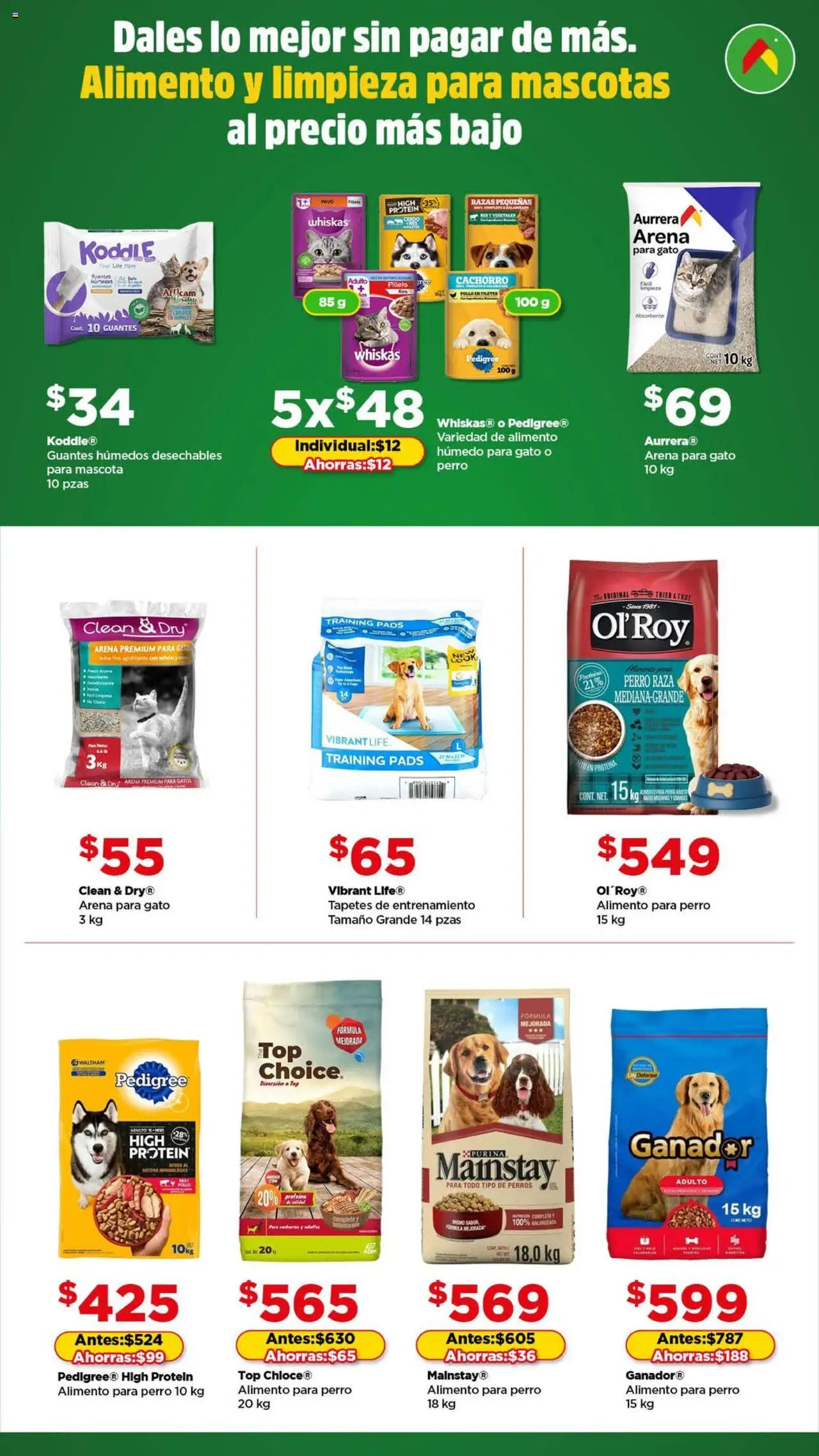 Folleto Alimento y limpieza para mascotas Bodega Aurrerá y sus promociones válidas desde el 24/07/2025 - Número de página 1 - Pollo, Guantes, Proteína, Top