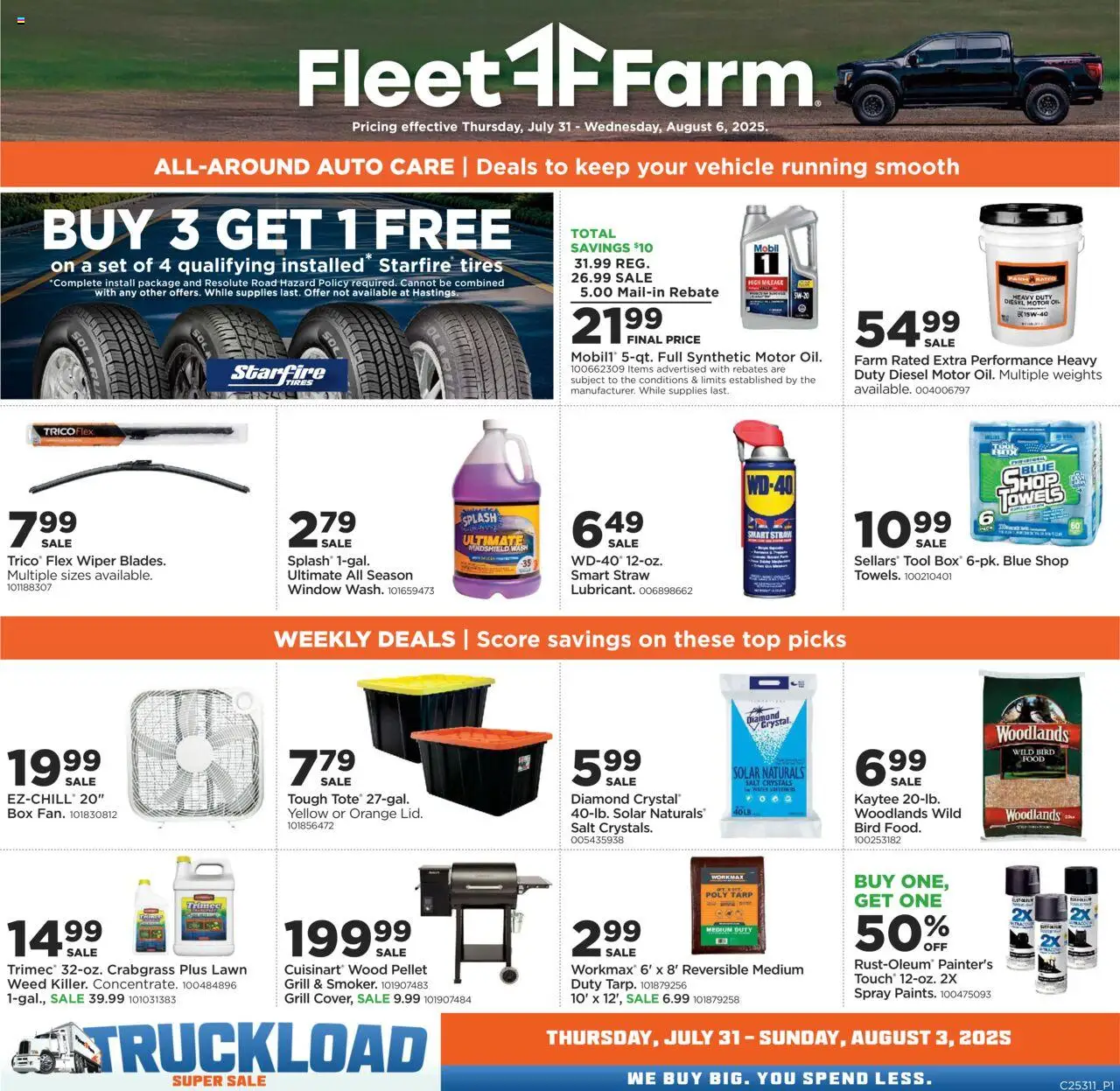 Mills Fleet Farm Weekly Ad from 07/31/2025 - Flyer - Page number 1 - Box, Grill, Oil, Salt, Motor Oil, Wiper