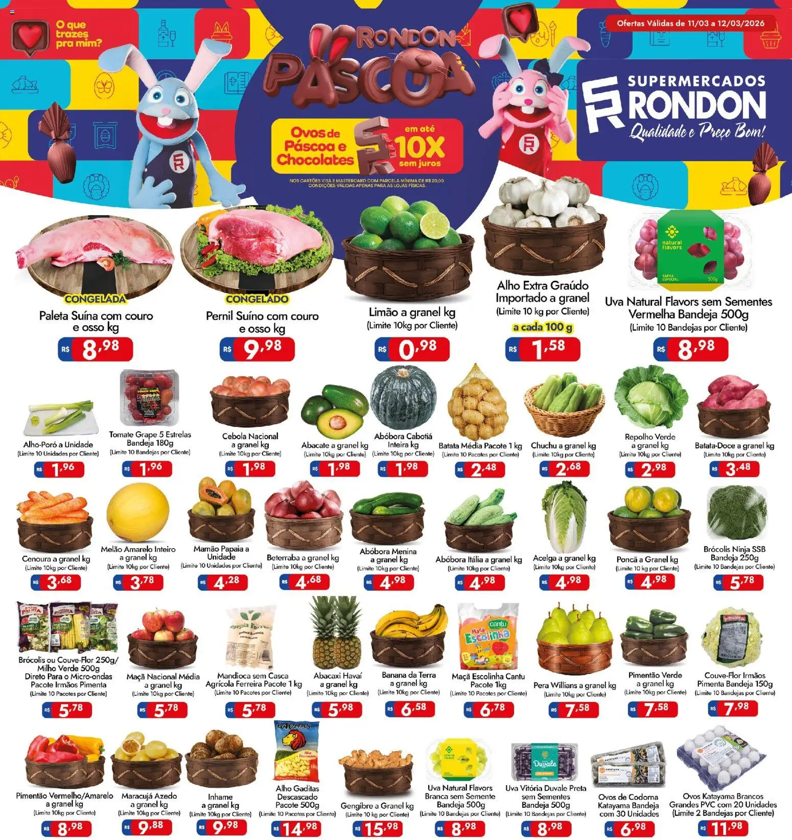 Pré-Visualização do folheto "Supermercados Rondon - Ofertas da semana" da loja Supermercados Rondon válido a partir de 11/03/2026 - Abacaxi, Brócolis, Gengibre, Beterraba, Tomate, Mandioca, Melão, Milho verde
