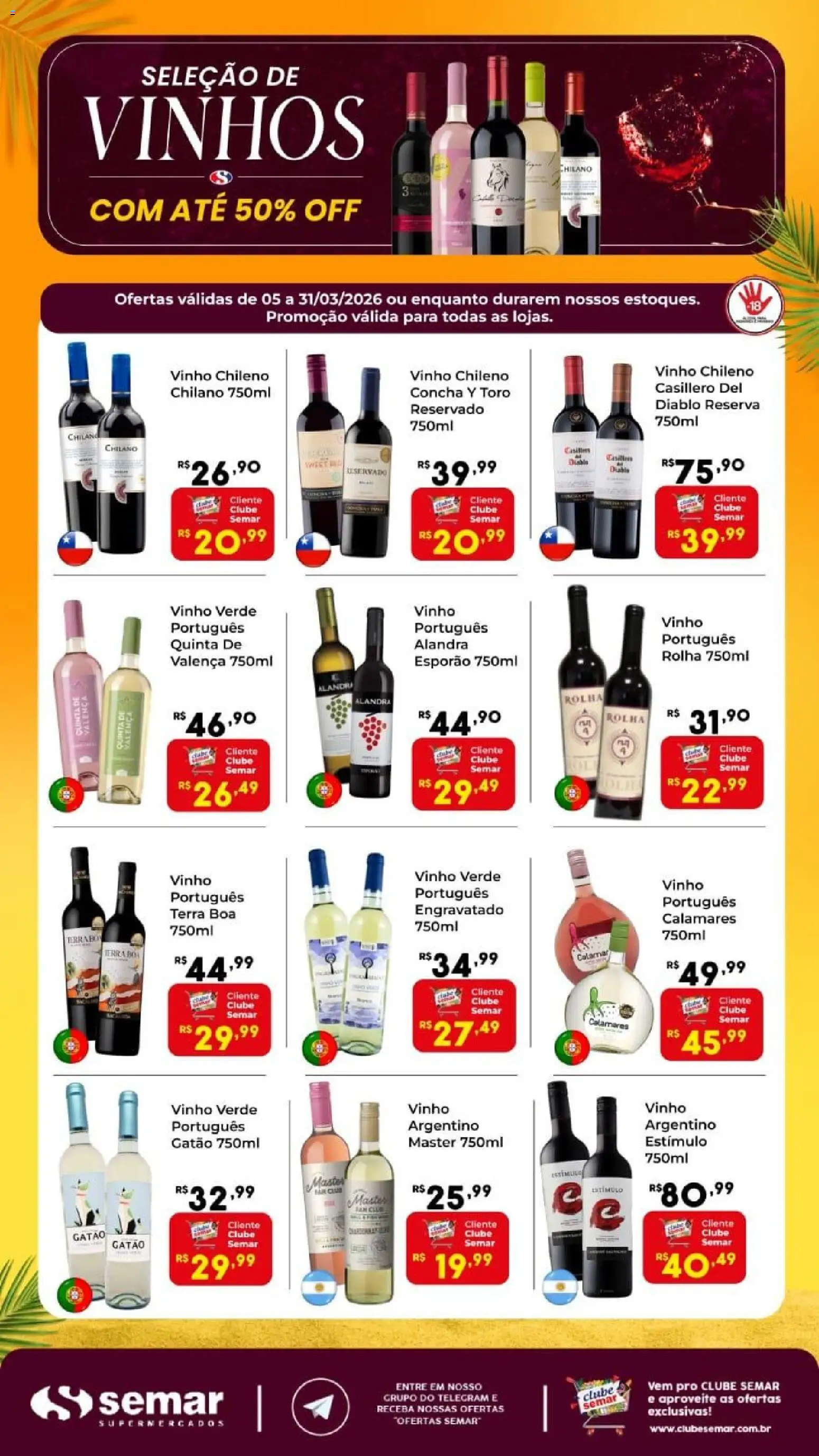 Pré-Visualização do folheto "Semar Supermercado ofertas Vinhos até 50 de desconto" da loja Semar Supermercado válido a partir de 05/03/2026