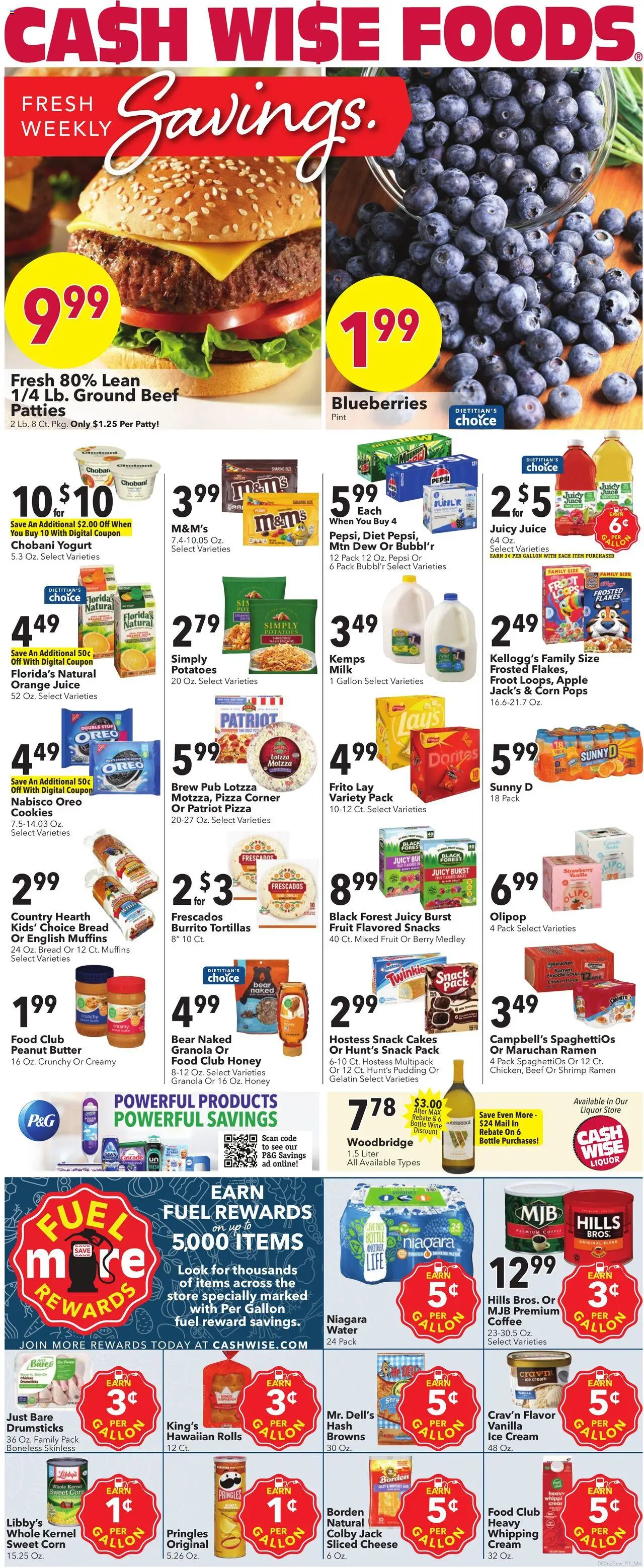 Cash Wise Weekly Ad from 08/06/2025 - Flyer - Page number 1 - Juice, Butter, Oreo, Ground beef, Peanut butter, Cream, Drumsticks, Chicken