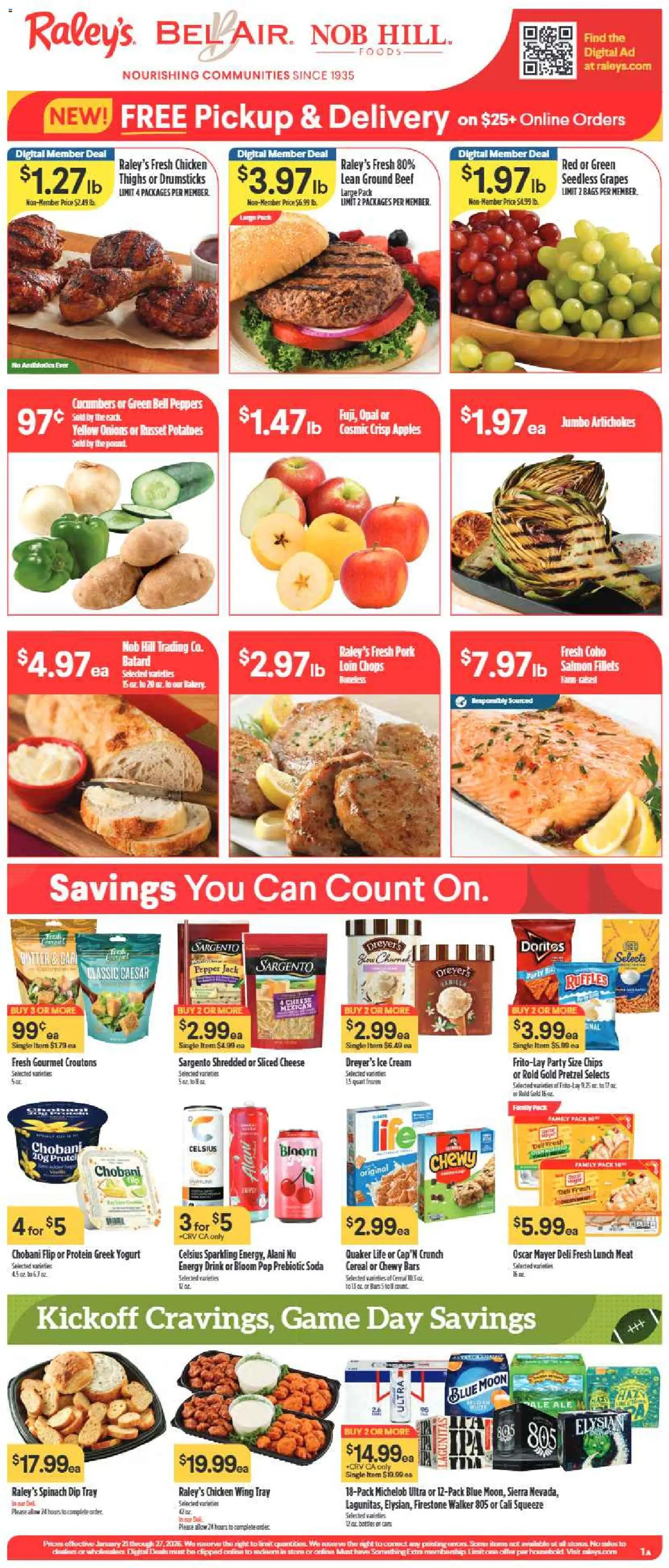 Ad Preview of Raley's Weekly Ad from 01/21/2026 - Cheese, Potatoes, Protein, Peppers, Beef, Pork, Drumsticks, Seedless grapes