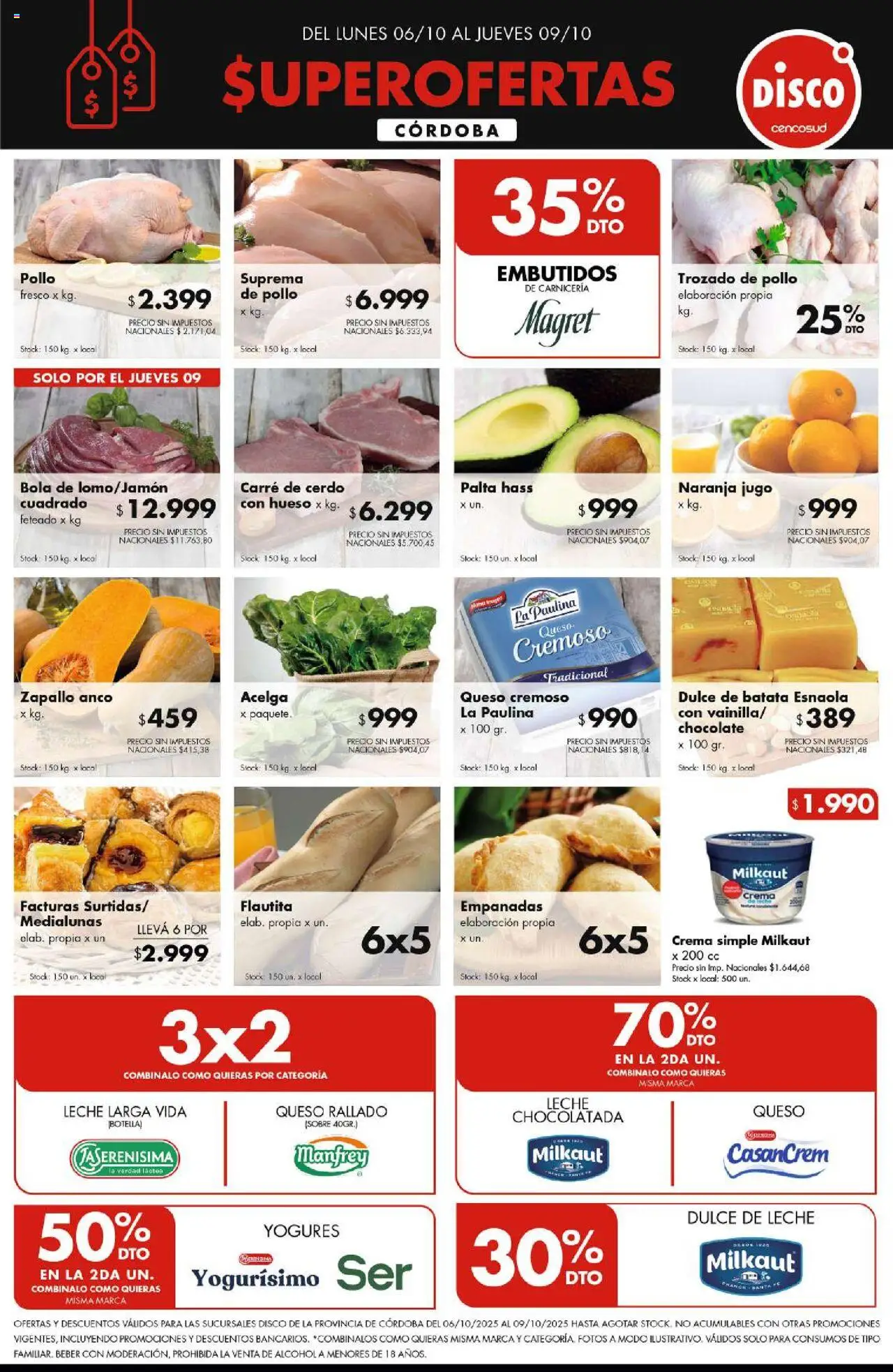 Disco Ofertas - Córdoba del 06/10/2025 Online - Pollo, Zapallo, Chocolatada, Cerdo, Sobre, Acelga, Dulce, Embutidos