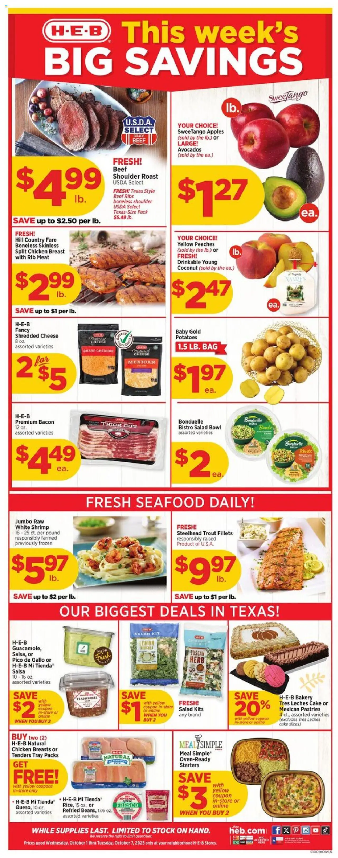 H-E-B Weekly Ad from 10/01/2025 - Flyer - Page number 1 - Apples, Salad, Peaches, Pastries, Meat, Bacon, Trout, Chicken