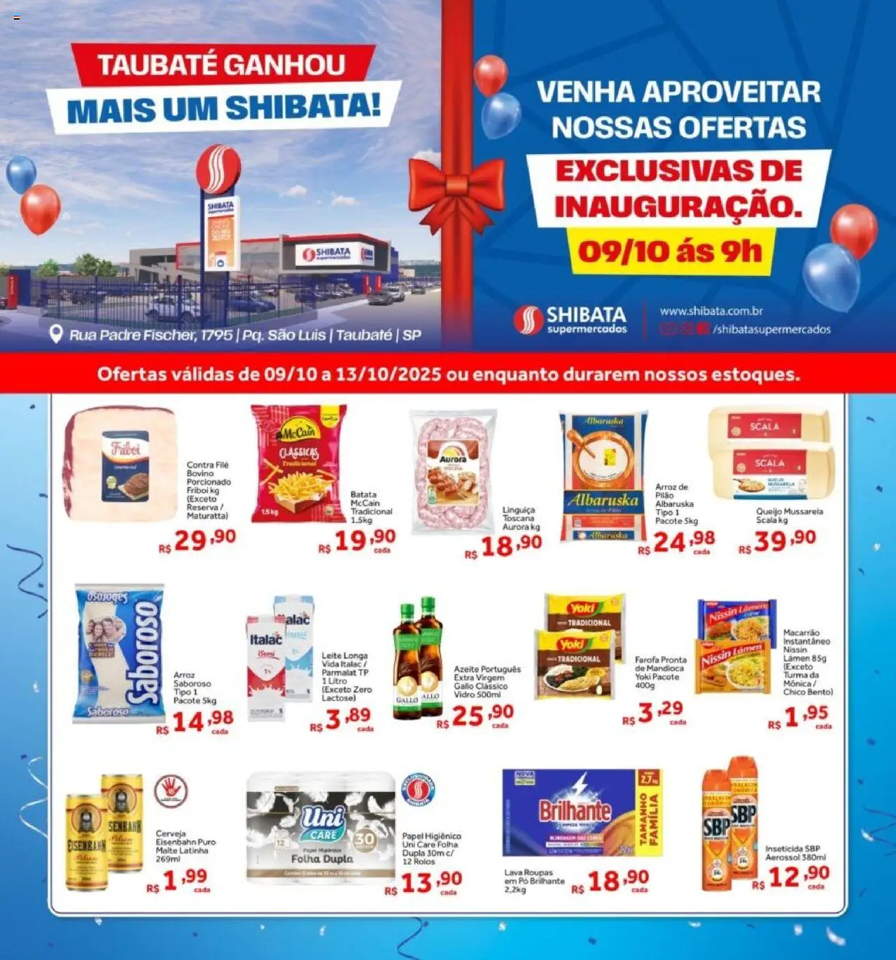 Shibata folheto "Ofertas Pq São Luis" válido a partir de 09/10/2025 - número de página 1 - Roupas, Leite, Azeite, Mandioca, Papel higiênico, Pó, Linguiça, Contra filé
