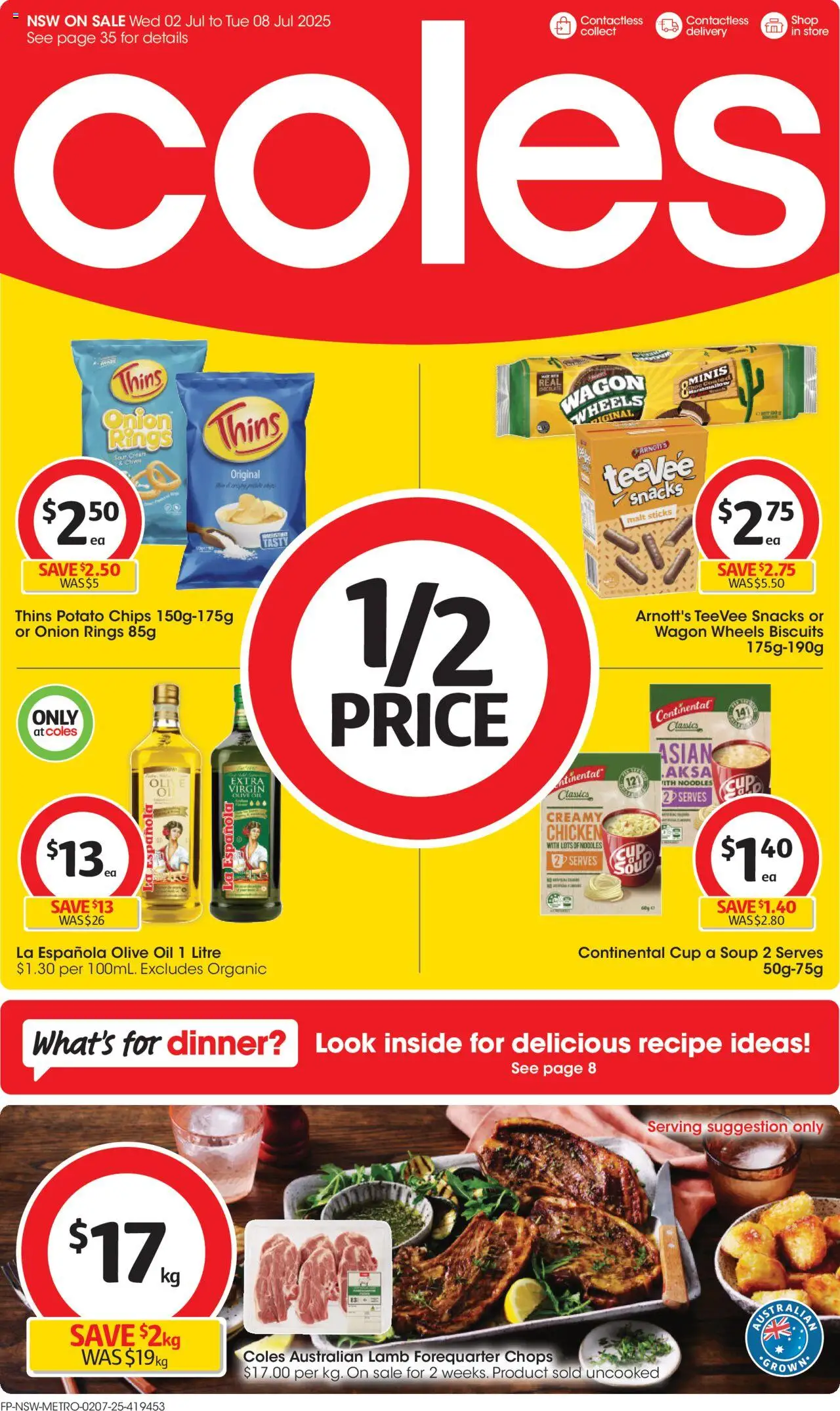 Coles catalogue valid from 02/07/2025 - page 1 - Snacks, Chicken, Lamb, Noodles, Chips, Olive oil, Biscuits, Soup