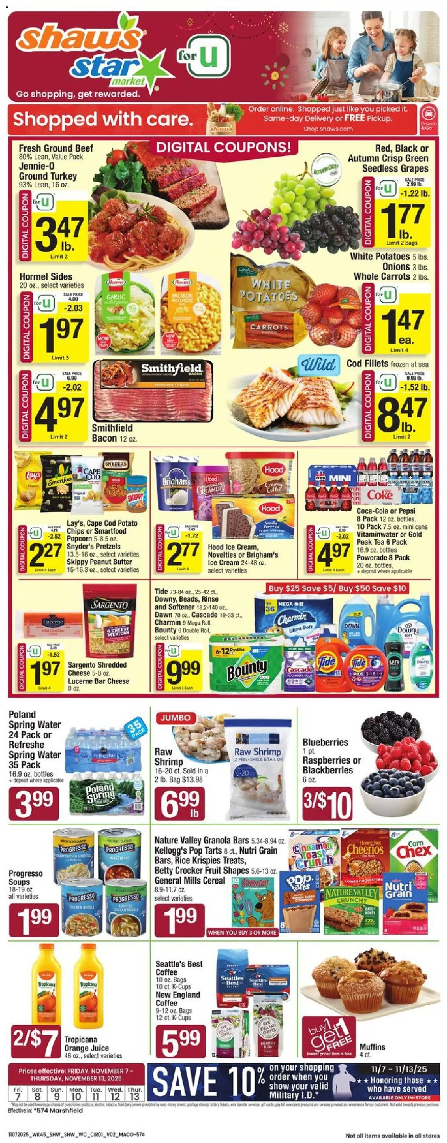 Ad Preview of Star Market Weekly Ad from 11/07/2025 - Shrimp, Pepsi, Raspberries, Grapes, Bag, Orange juice, Muffins, Spring water