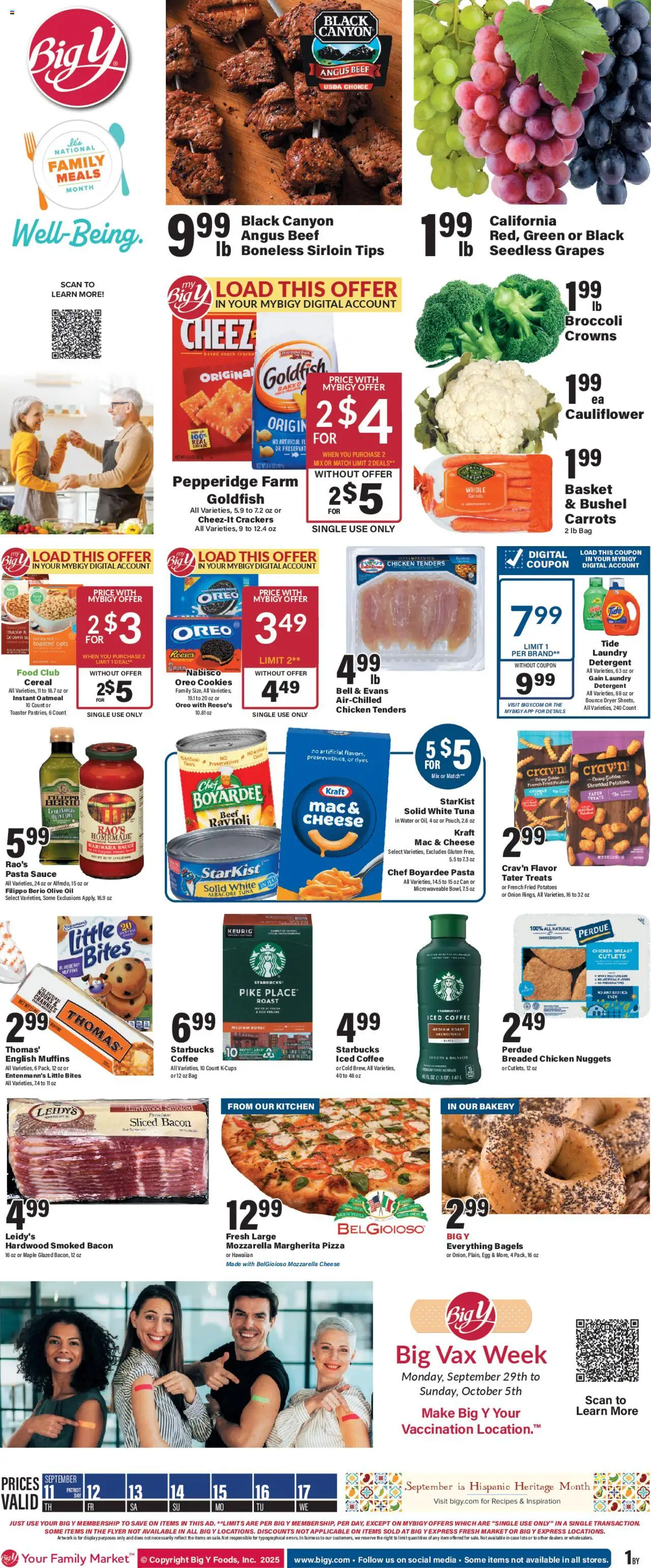 Ad Preview of Big Y Weekly Ad from 09/11/2025 - Coffee, Pasta, Oatmeal, Oreo, Beef, Crackers, Basket, Case