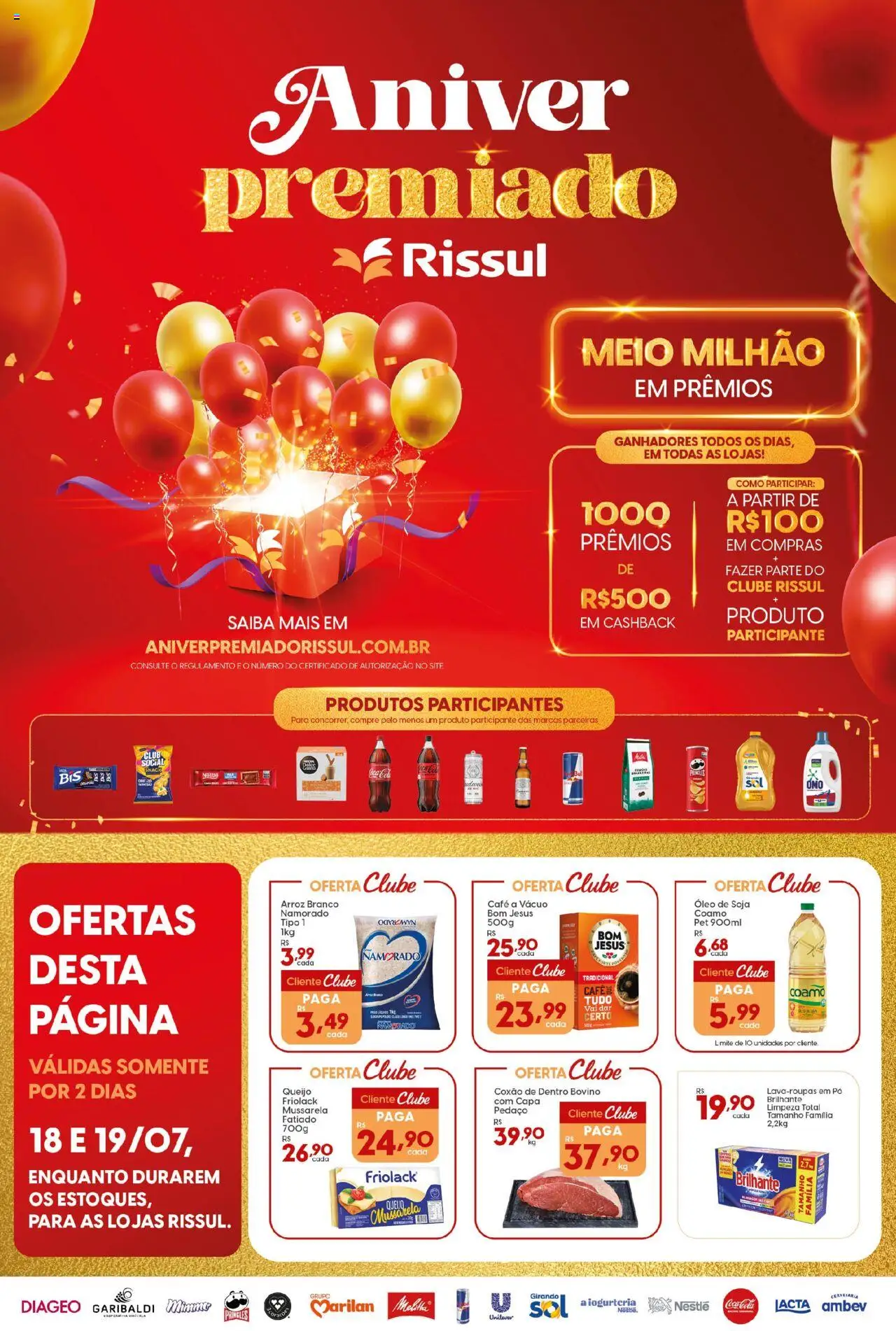 Rissul folheto "Ofertas da semana" válido a partir de 18/07/2025 - número de página 1 - Café, Óleo, Arroz, Queijo, Mussarela, Soja, Pó