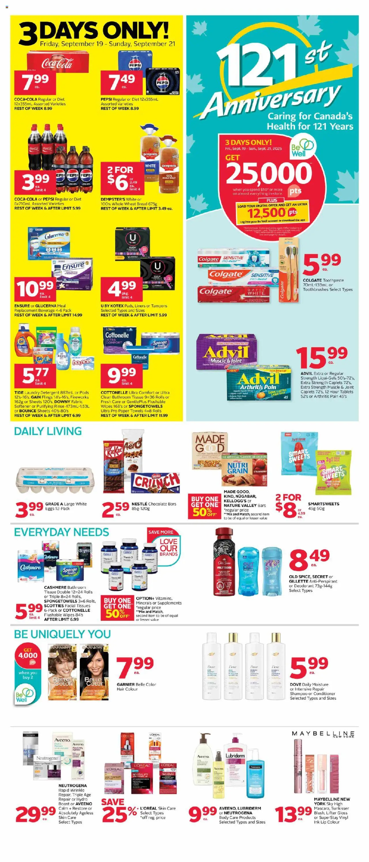 Rexall flyer valid from Sep 19, 2025 - page number 1 - Cap, Milk, Sugar, Shampoo, Toothpaste, Sponge, Antiperspirant, Conditioner