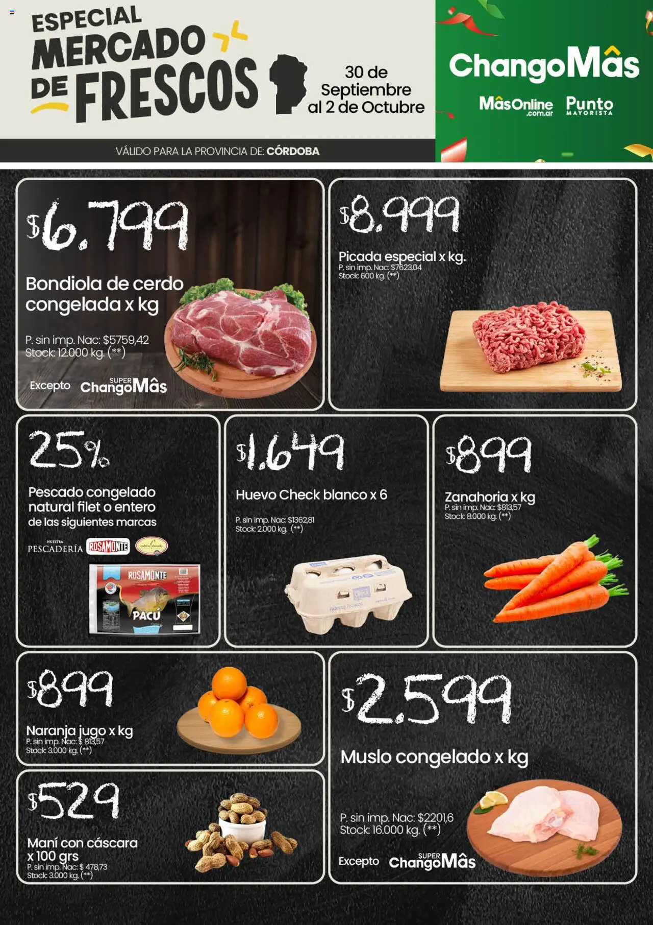 Punto Mayorista Mercado de Frescos del 30/09/2025 Online - Pescado, Huevo, Cerdo, Zanahoria, Bondiola de cerdo, Mani, Jugo