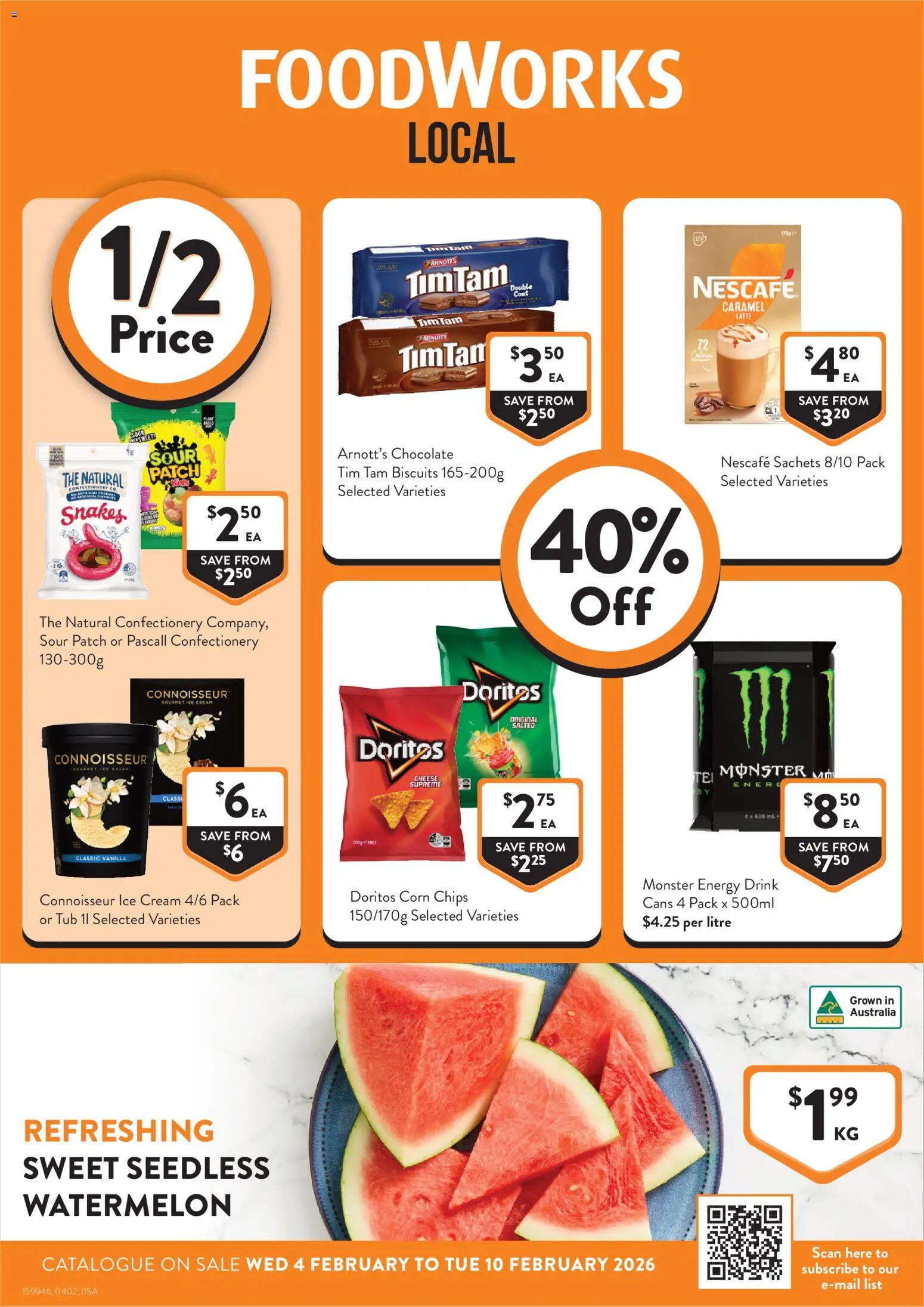 Preview of catalogue Catalogue SA from shop Foodworks valid 04/02/2026 - Corn, Plant, Energy drink, Chocolate, Seedless watermelon, Chips, Nescafe, Vanilla