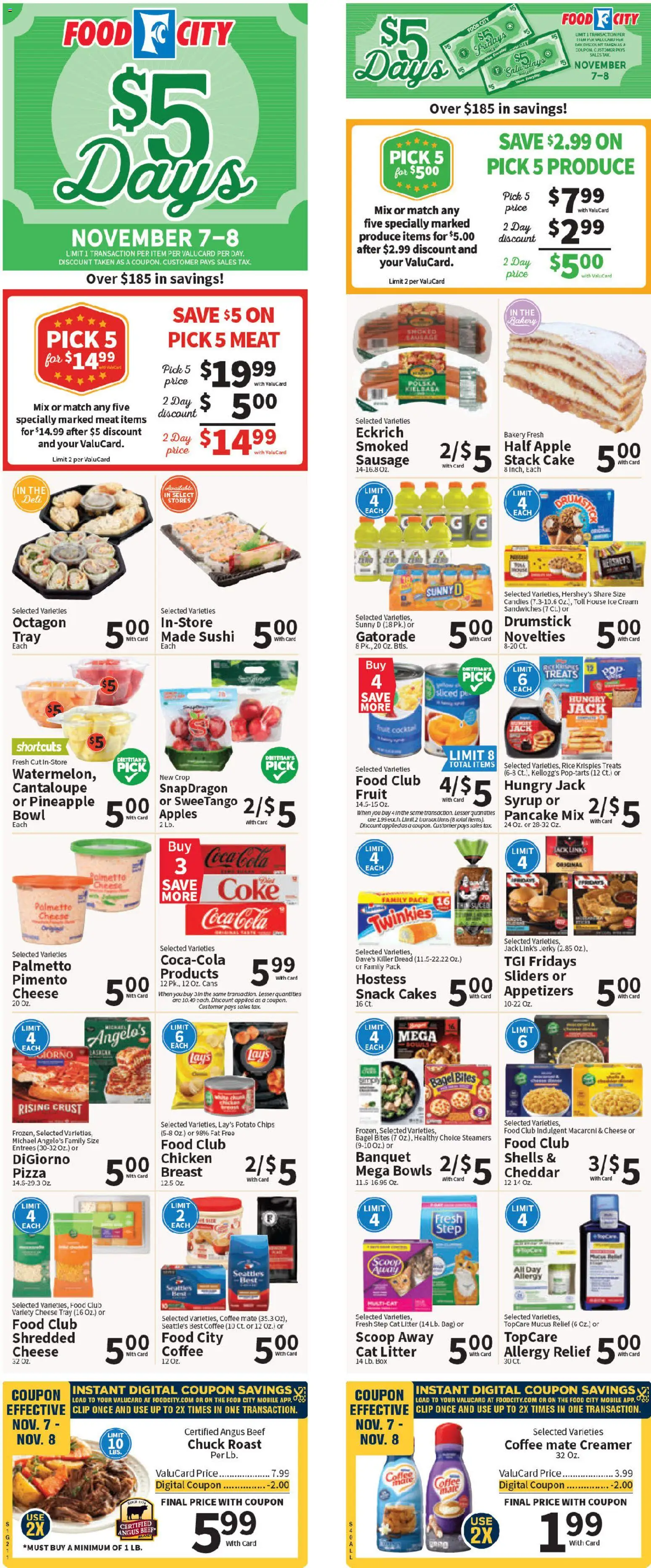 Ad Preview of Food City Weekly Ad from 11/05/2025 - Coffee, Ice cream, Fruit, Cheese, Sausage, Bag, Potato chips, Beef chuck