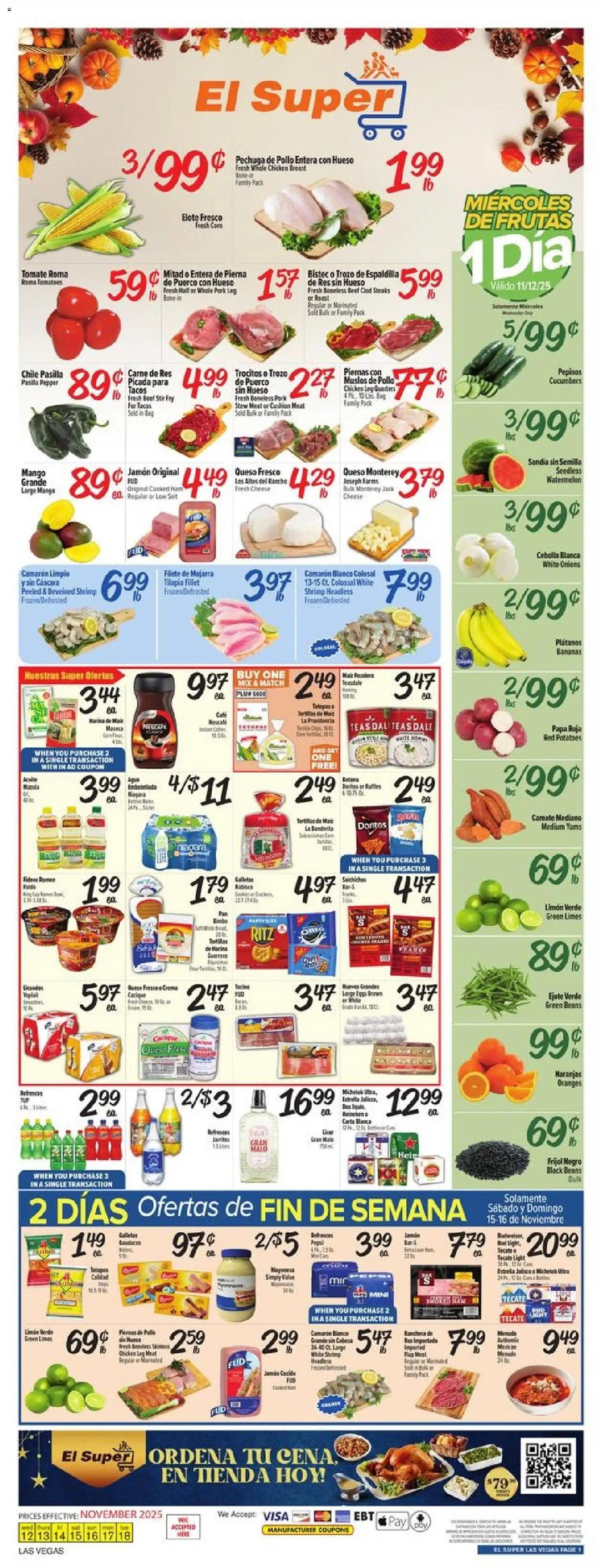 Ad Preview of El Super Weekly Ad - NV from 11/12/2025 - Mango, Shrimp, Beans, Beef, Bag, Pork, Cushion, Beef clod