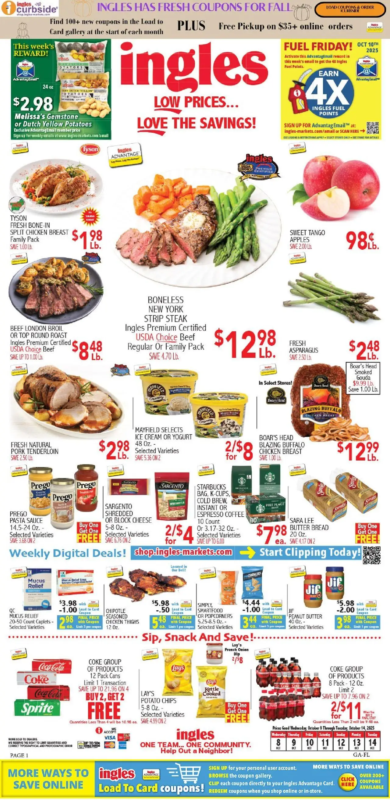 Ingles Weekly Ad from 10/08/2025 >> Sales Ad PREVIEW - Page number 1 - Ice cream, Pasta, Yogurt, Onion, Peanut butter, Sauce, Kettle, Chicken