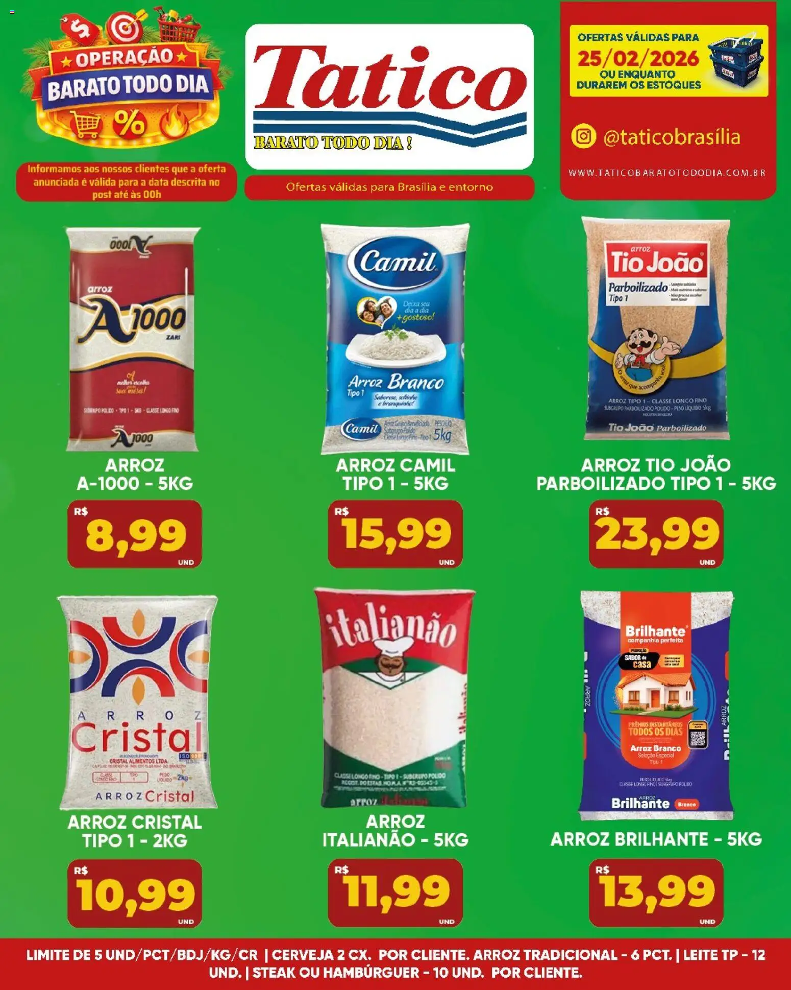 Pré-Visualização do folheto "Ofertas do Dia" da loja Tatico válido a partir de 25/02/2026 - Hambúrguer, Cerveja, Arroz, Leite, Pesos, Arroz parboilizado, Steak