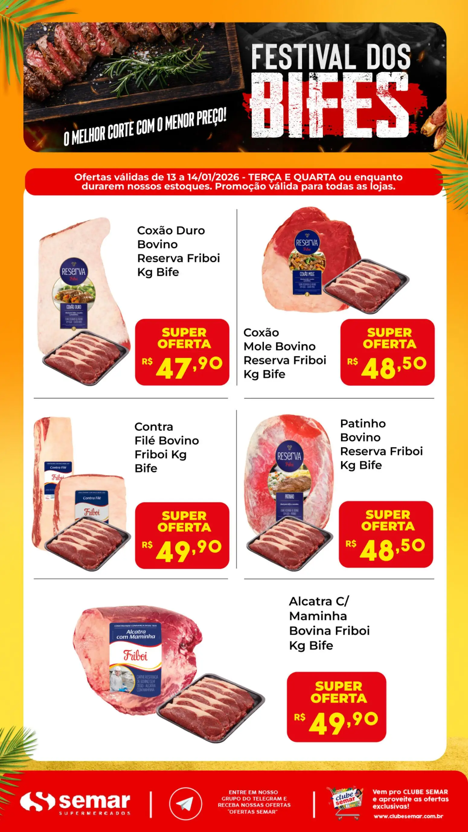 Pré-Visualização do folheto "Ofertas Festival dos Bifes" da loja Semar Supermercado válido a partir de 13/01/2026 - Carne, Alcatra, Maminha, Contra filé, Coxão duro