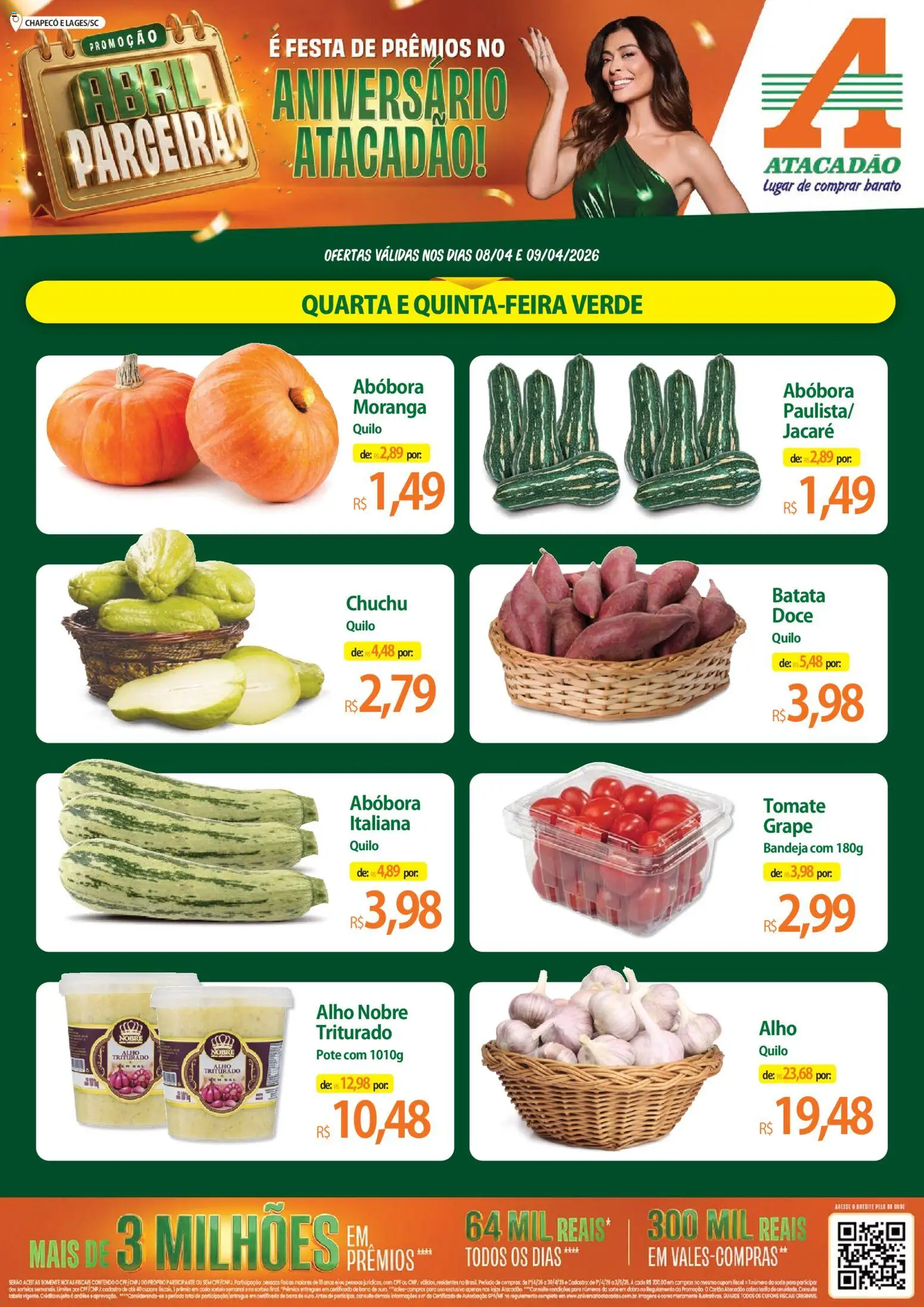 Pré-Visualização do folheto "Atacadão ofertas - SC" da loja Atacadão válido a partir de 08/04/2026 - Moranga, Chuchu, Abóbora, Doce, Batata, Tomate, Bandeja, Alho