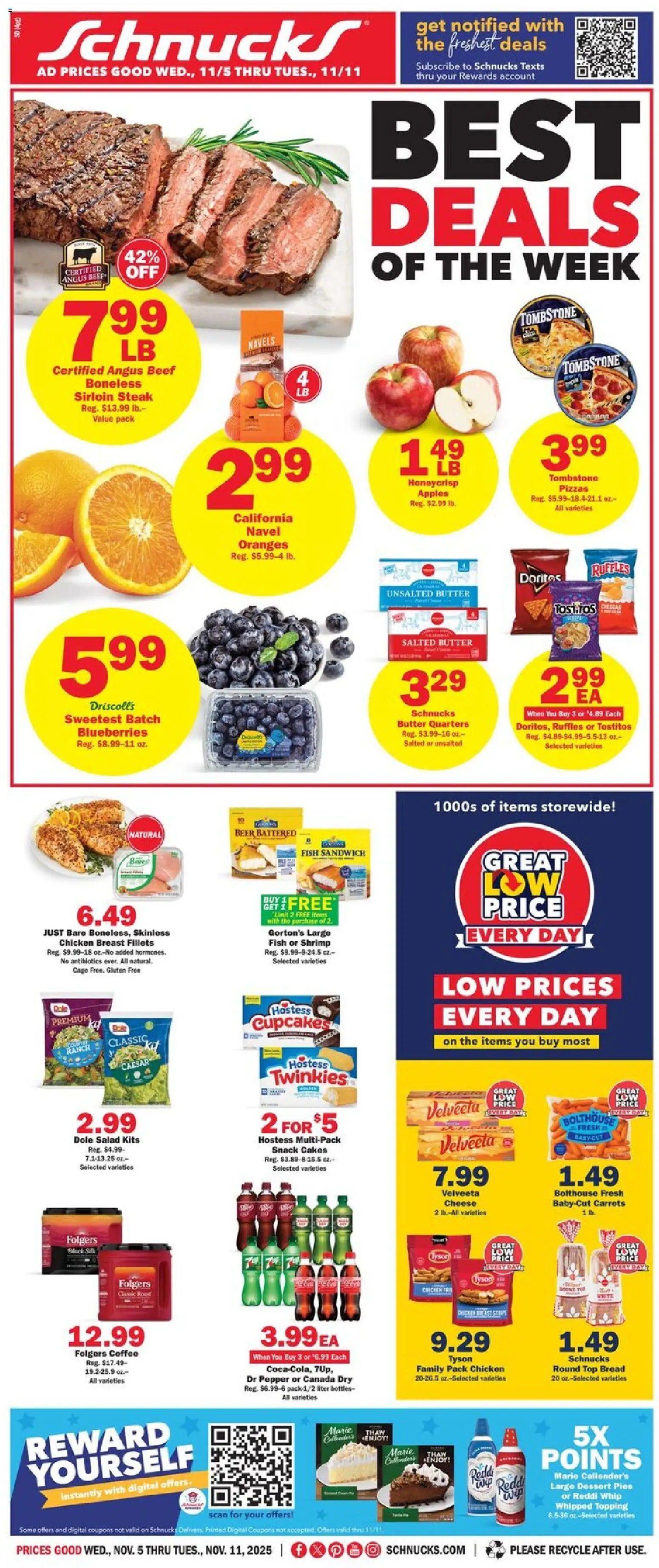 Ad Preview of Schnucks Weekly Print Ad - IL from 11/05/2025 - Oranges, Shrimp, Blueberries, Butter, Carrots, Beef, Chicken breast fillets, Chicken