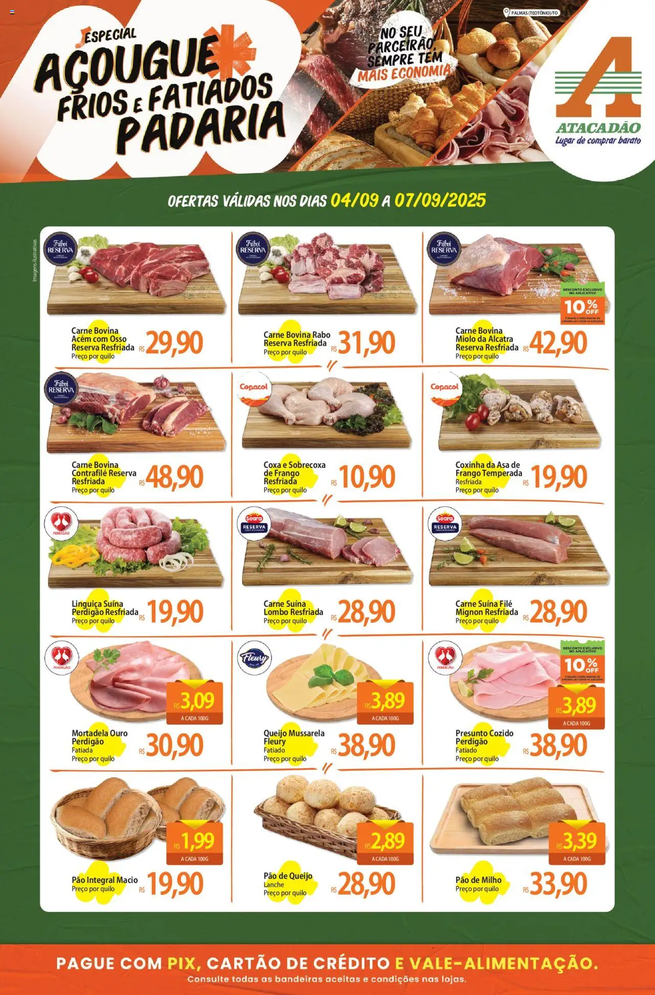 Atacadão folheto "Ofertas - TO" válido a partir de 04/09/2025 - número de página 1 - Carne, Mussarela, Mortadela, Linguiça, Alcatra, Lombo, Sobrecoxa de frango, Acém