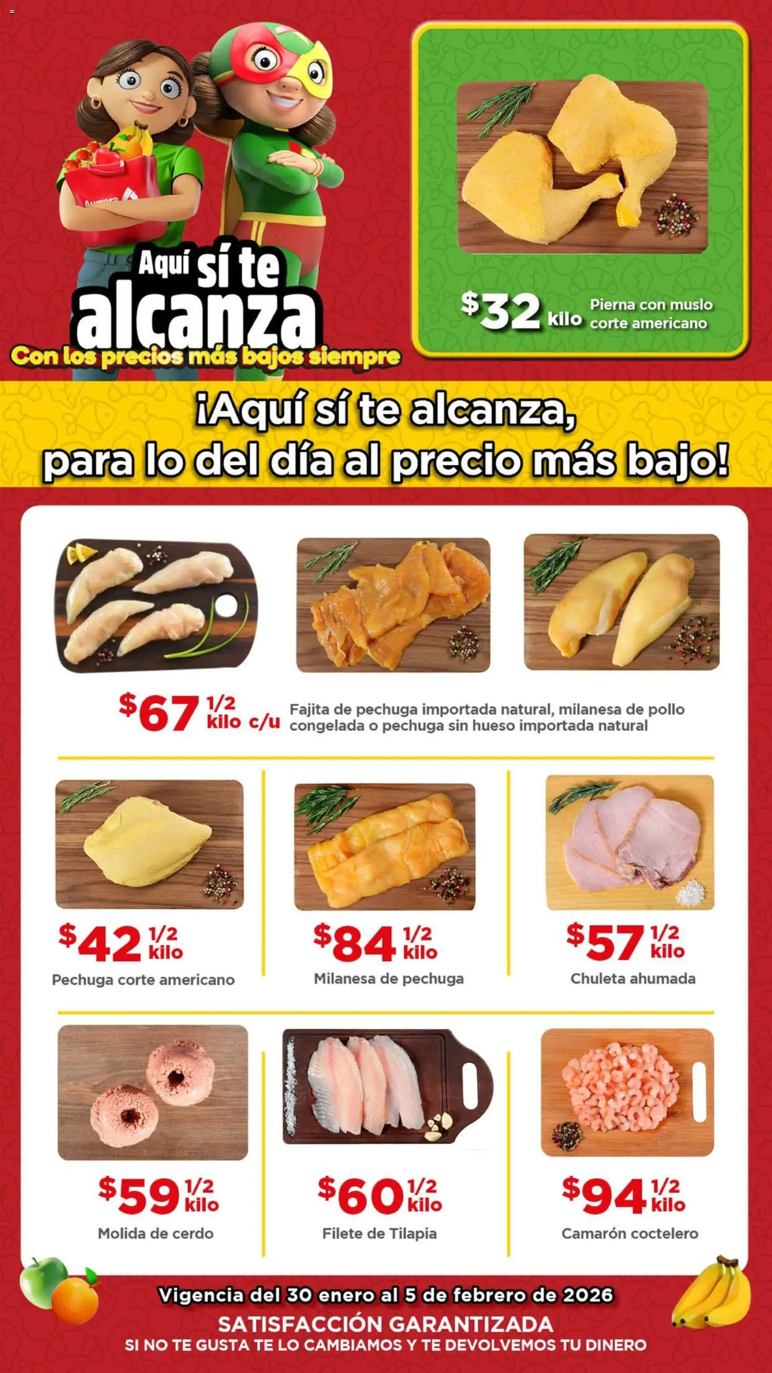 Vista previa las ofertas de la tienda Bodega Aurrerá - Folleto Aquí sí te alcanza desde el 30/01/2026 - Pollo, Té, Cerdo, Tilapia, Milanesa, Chuleta ahumada, Chuleta, Filete