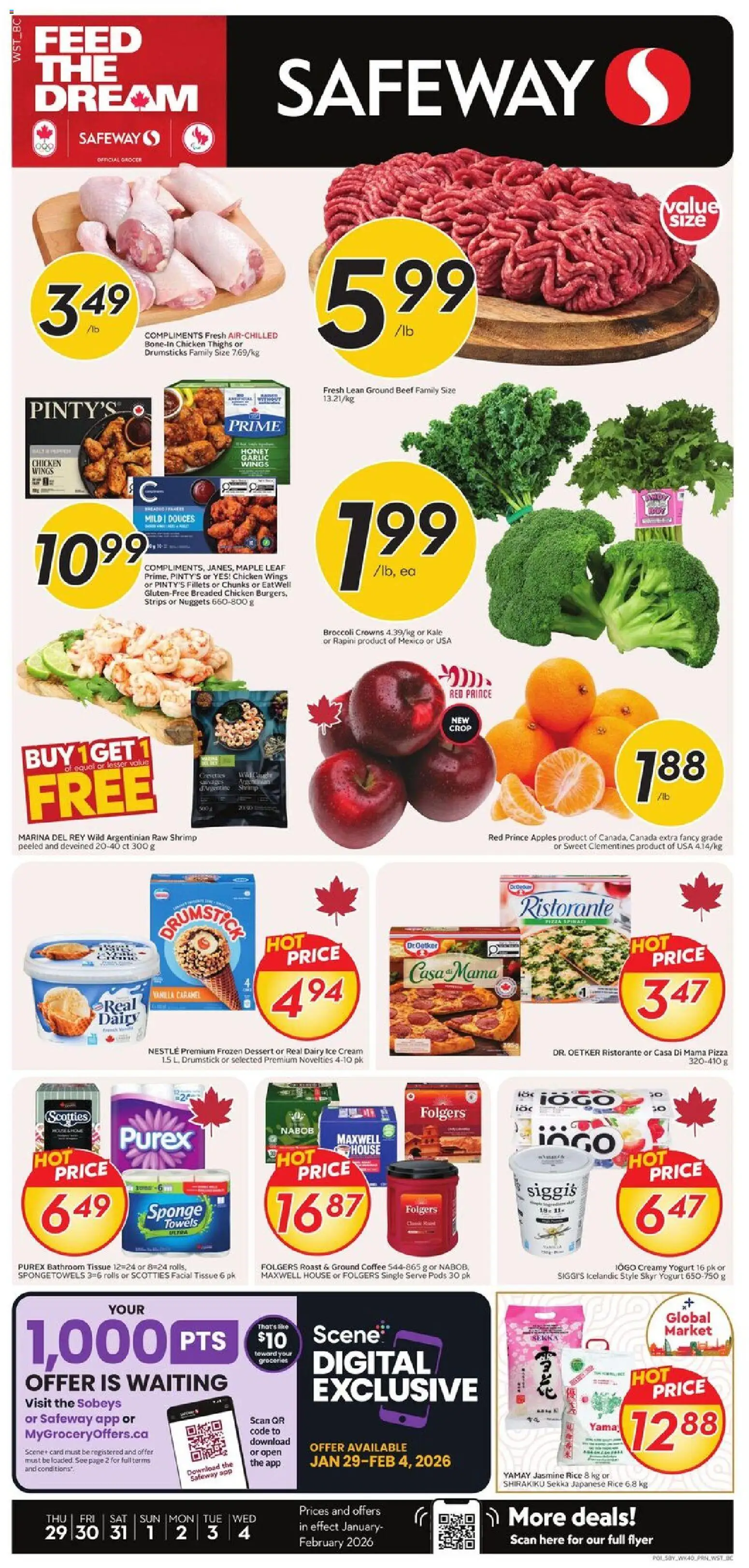 Preview of leaflet Weekly Flyer - BC from shop Safeway is valid from Jan 29, 2026 - Coffee, Dessert, Shrimp, Cream, Roast, Garlic, Ground beef, Drumsticks