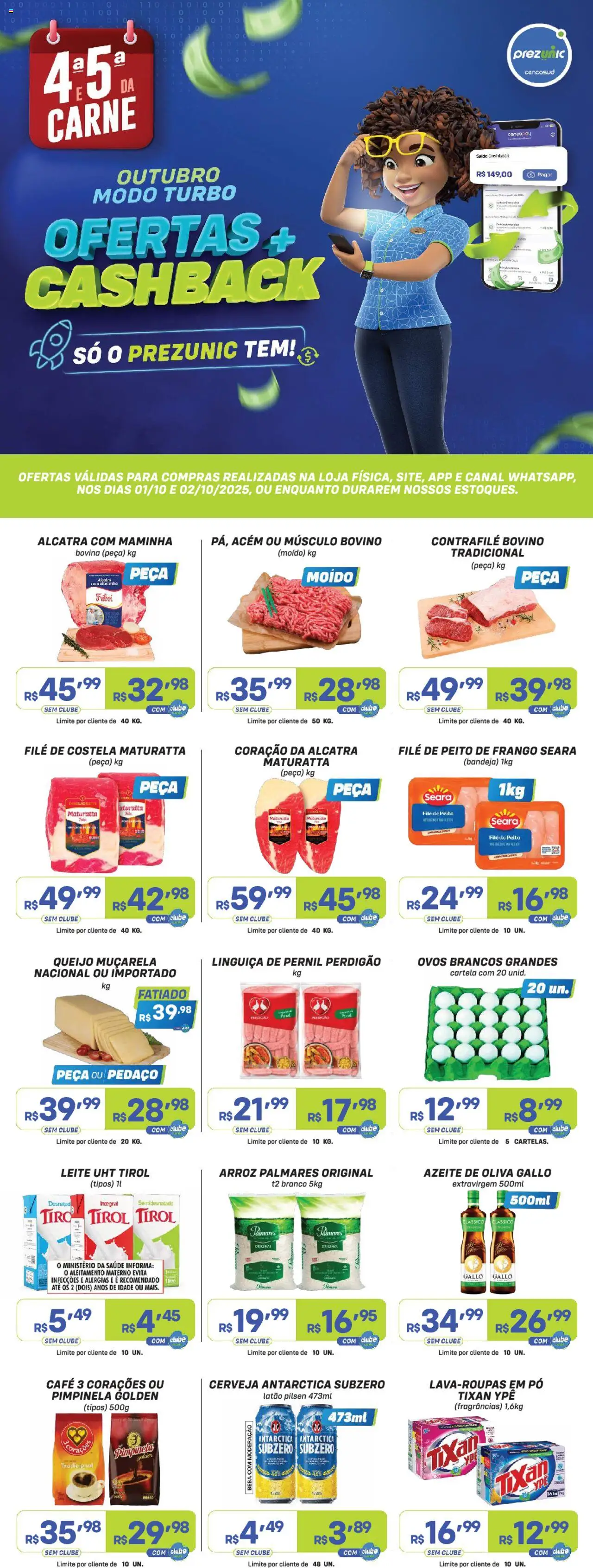 Prezunic folheto "Encarte" válido a partir de 01/10/2025 - número de página 1 - Queijo, Azeite de oliva, Pó, Bandeja, Queijo muçarela, Maminha, Filé de costela, Acém