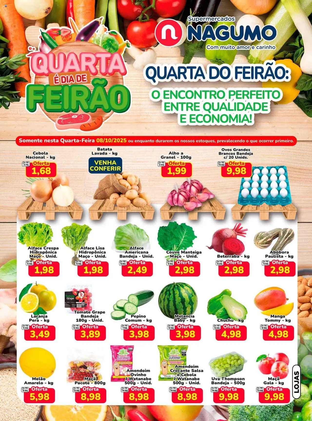Nagumo folheto "Ofertas Quarta do Feirão" válido a partir de 08/10/2025 - número de página 1 - Melancia, Ovos, Batata, Pera, Beterraba, Couve, Salsa, Alho