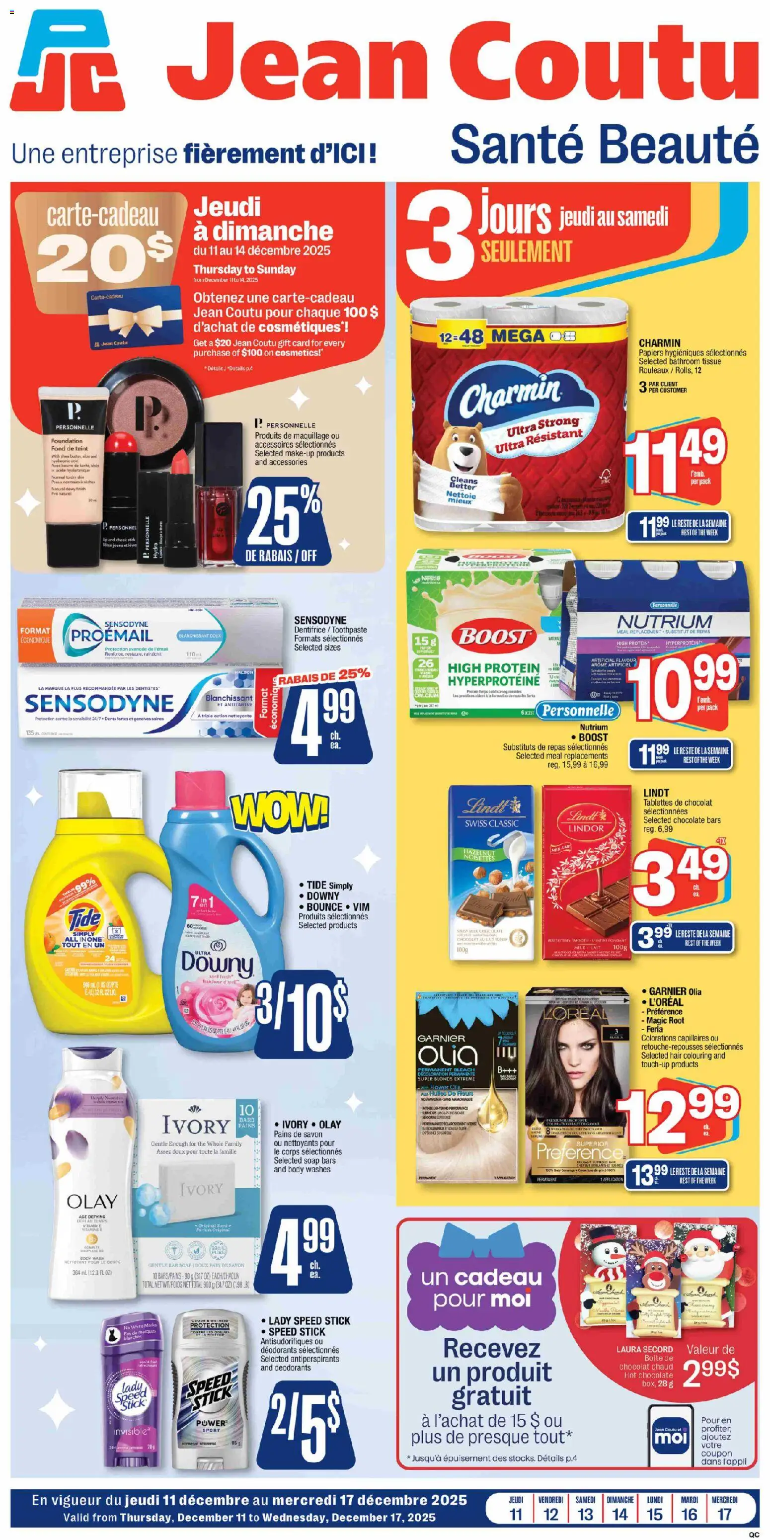 Preview of leaflet Santé beauté from shop Jean Coutu is valid from Dec 11, 2025 - Chocolate, Lindt, Milk, Protein, Hot chocolate, Soap, Toothpaste, Body wash