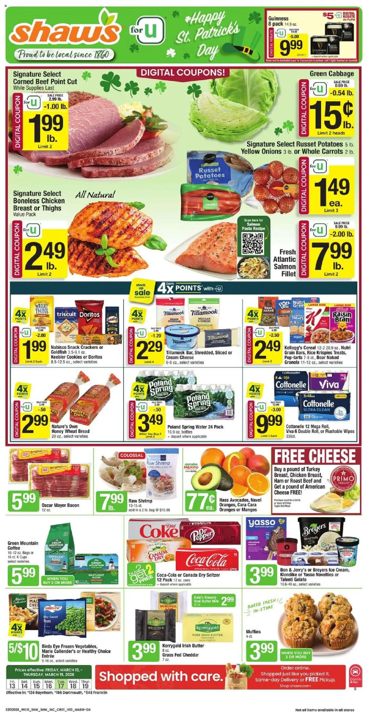 Ad Preview of Shaw's Shaw's Weekly Ad - MA from 03/13/2026 - Cookies, Cereal, Bacon, Cream cheese, Ham, Beef, Crackers, Muffins