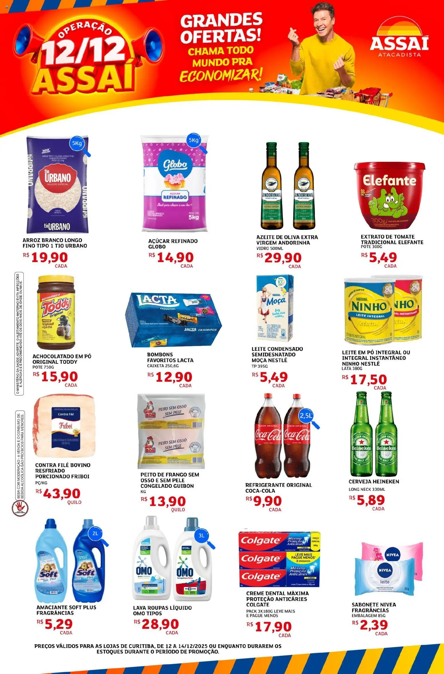 Pré-Visualização do folheto "Encarte - PR" da loja Assaí Atacadista válido a partir de 12/12/2025 - Arroz, Leite, Açúcar, Peito de frango, Cola, Achocolatado, Extrato de tomate, Cálcio