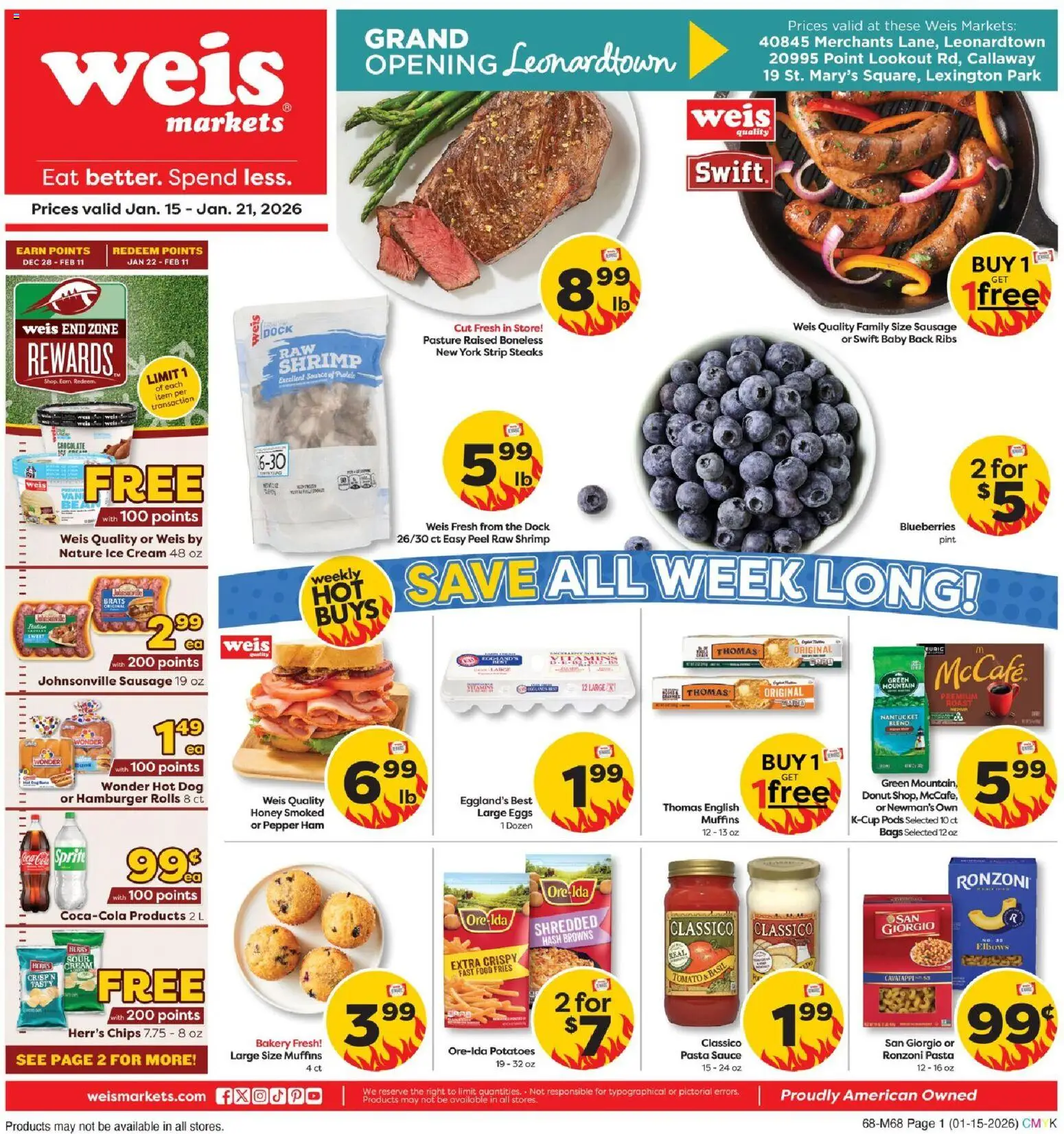 Ad Preview of Weis Weekly Ad from 01/15/2026 - Chocolate, Honey, Potatoes, Shrimp, Tomato, Blueberries, Cream, Muffins
