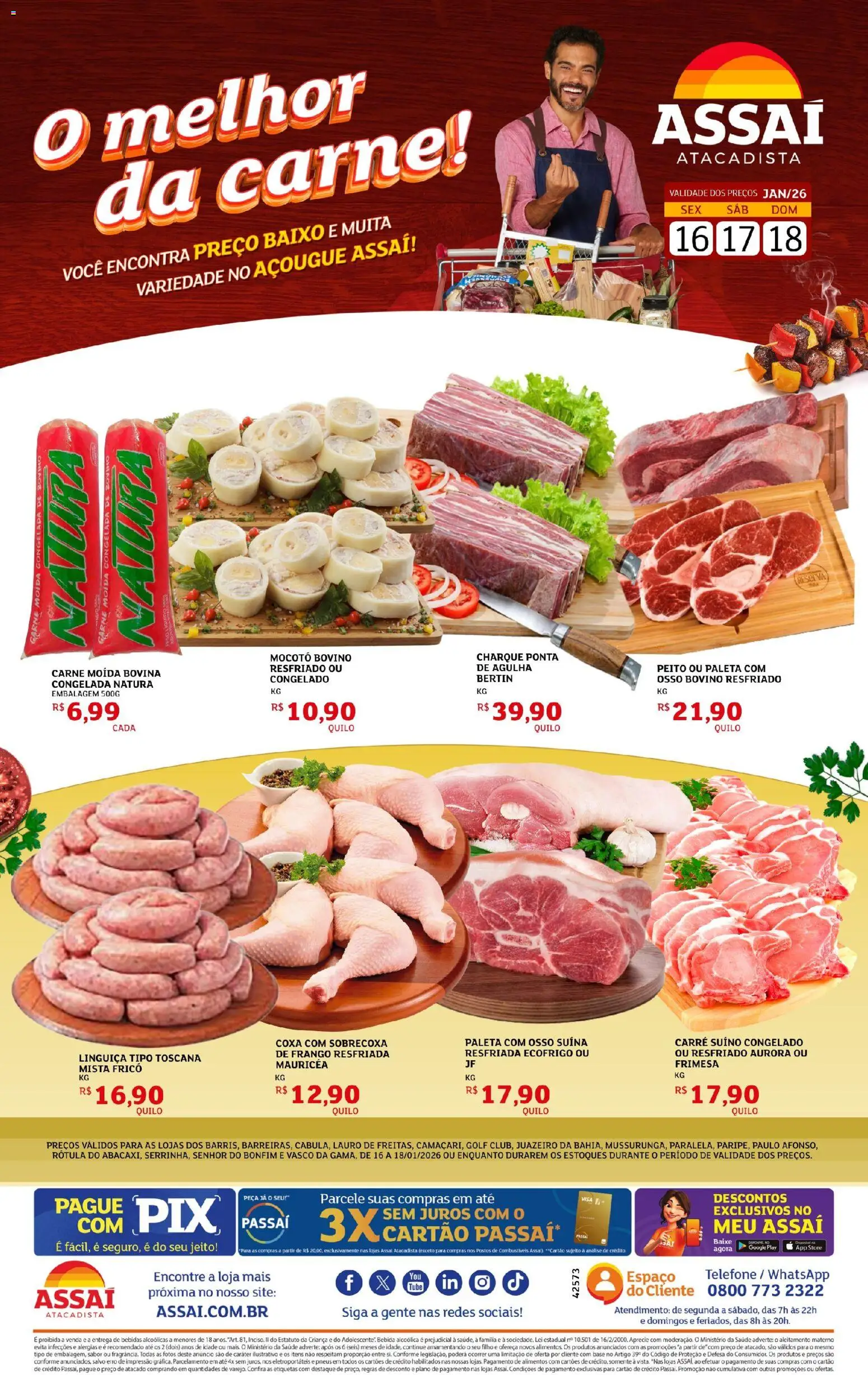 Pré-Visualização do folheto "Encarte - BA" da loja Assaí Atacadista válido a partir de 16/01/2026 - Bebidas, Pneus, Base, Carne, Alimentos, Baixo, Carne moída, Linguiça
