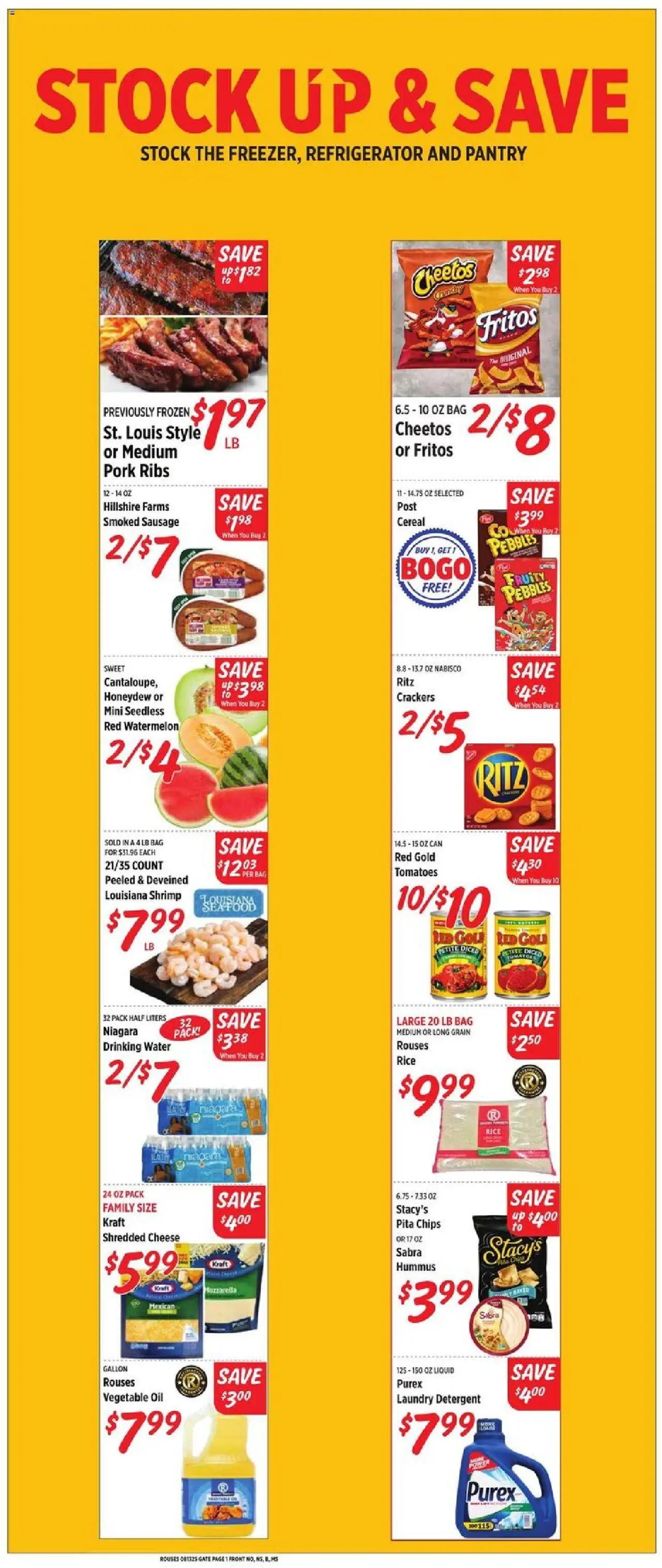 Rouses Weekly Ad - MS from 08/13/2025 - Flyer - Page number 1 - Refrigerator, Watermelon, Shrimp, Cereal, Crackers, Pork, Laundry detergent, Pork ribs
