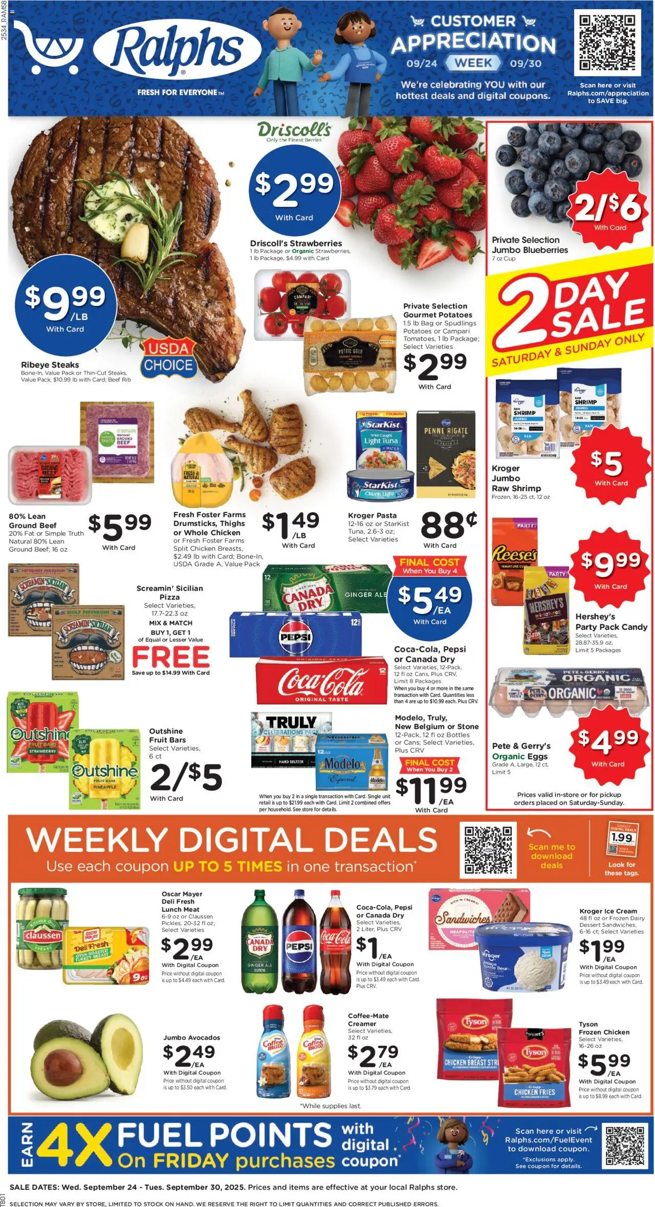 Ad Preview of Ralphs Weekly Ad from 09/24/2025 - Water, Ice, Eggs, Protein, Blueberries, Bag, Turkey breast, Chicken